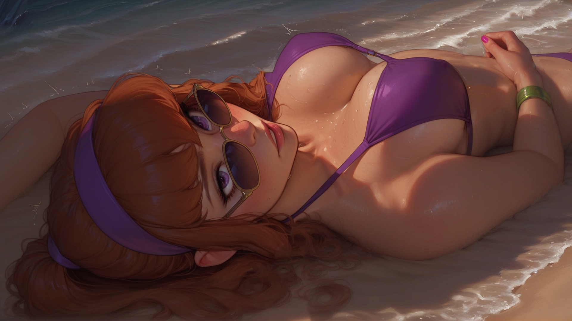 ai generated, beach, bikini, daphne blake, female, karukatana, purple bikini, purple bikini top, scooby-doo, seashore, sunglasses, sunglasses down, tagme, violet eyes, waves