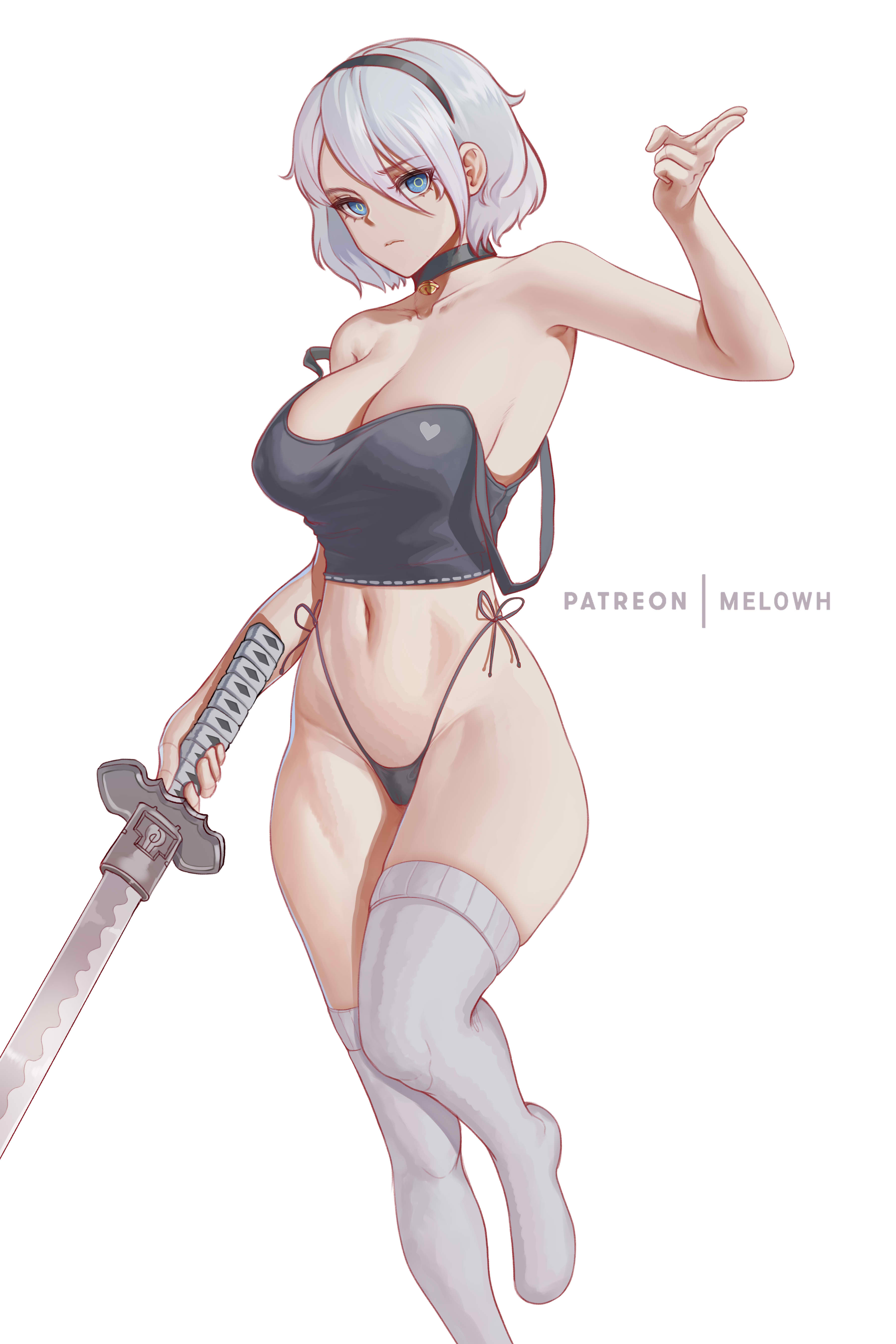 1girls, ass, big breasts, blue eyes, breasts, choker, female, female only, hi res, high quality, high resolution, highres, huge ass, huge breasts, legwear, melowh, nier, nier (series), nier: automata, no shoes, panties, partially clothed, patreon username, solo female, sword, thick thighs, thighhighs, thighs, topwear, white background, white hair, yorha 2b