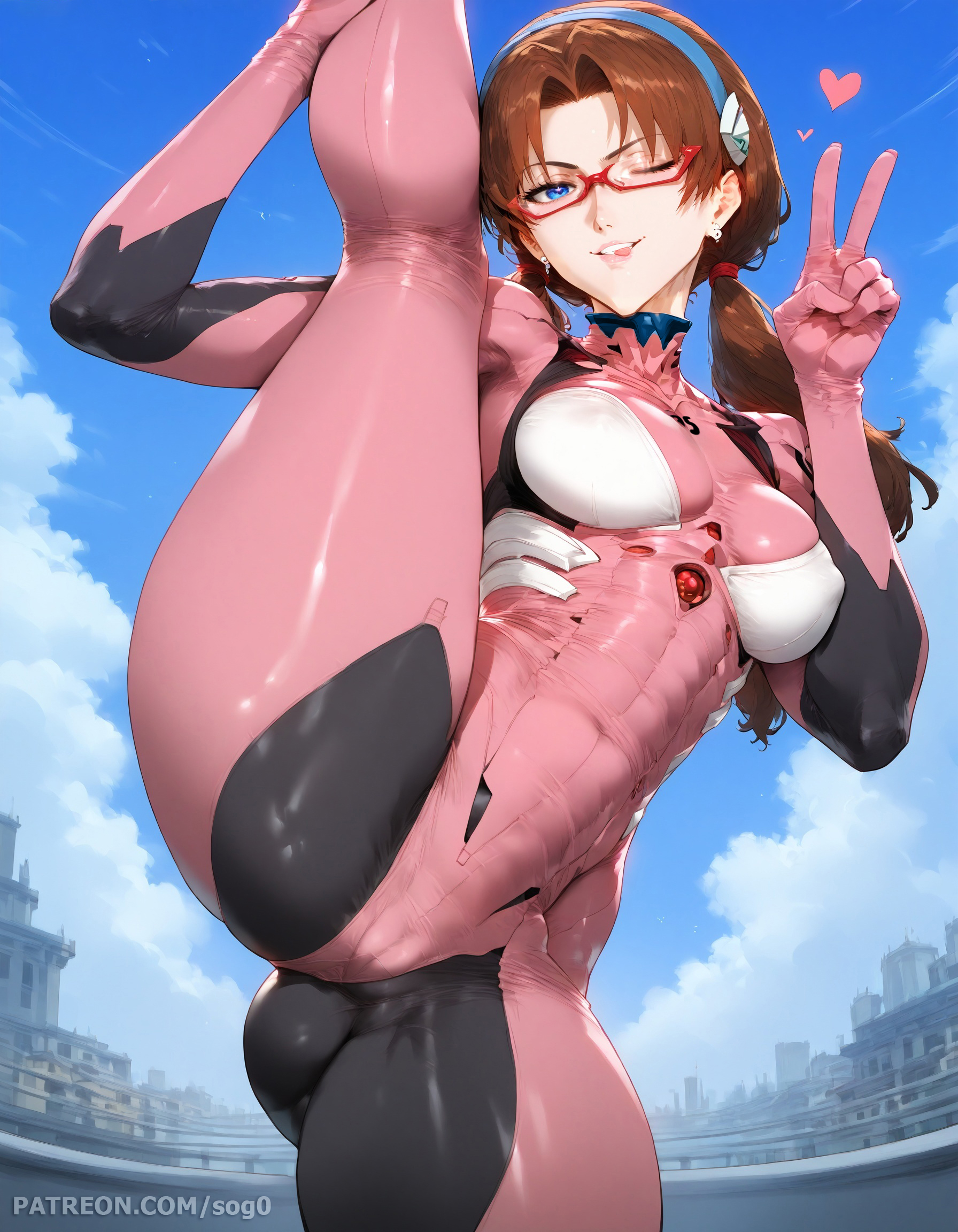 1girls, ai generated, ass, bangs, big ass, blinking, blue eyes, bodysuit, breasts, british, british female, brown hair, brunnette, cameltoe, curvy, curvy figure, female, glasses, hairband, headband, latex, latex clothing, latex gloves, latex suit, leg up, legs apart, light skin, light-skinned female, long hair, mari illustrious makinami, neon genesis evangelion, patreon, patreon username, pink latex, pink latex bodysuit, playful, plugsuit, pussy, rebuild of evangelion, small breasts, smile, smirk, sogo, standing on one leg, suit, teasing, thick thighs, tongue, twintails, v sign, wide hips