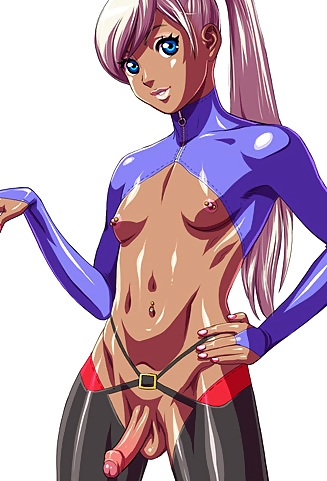 1futa, balls, blonde hair, blue eyes, breasts, brown skin, clothes, color, erect nipples, front view, futa only, futanari, hand on hip, human, intersex, intersex only, lipstick, long hair, looking at viewer, mascara, navel piercing, nipple piercing, nipples, open eyes, penis, piercing, ponytail, round ears, solo, tekuho, testicles, tied hair, white background