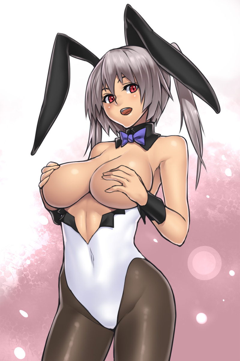 bow tie, bowtie, breasts, bunny ears, bunnysuit, covering breasts, female, grey hair, houtengeki, red eyes, tagme, touching breast