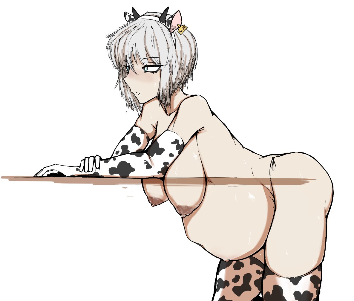 1girls, ass, bent over table, big belly, big breasts, bloated belly, blue eyes, breasts, clothing, cow ears, cow horns, cow print, dark nipples, erect nipples, faust (limbus company), female, female only, fetal movement, gloves, hanging belly, hanging breasts, limbus company, navel, nipples, outie navel, pregnant, project moon, ranchsaucy, short hair, stockings, string bikini, topless, white hair