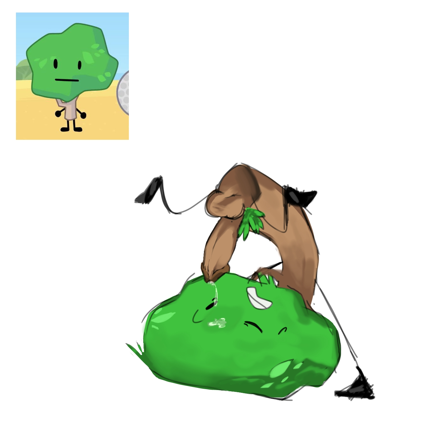 battle for dream island, bfdi, diantha tha dog, erect penis, erection, male, male only, object show, object shows, penis, precum, precum on self, tree (bfdi), valkov (artist)