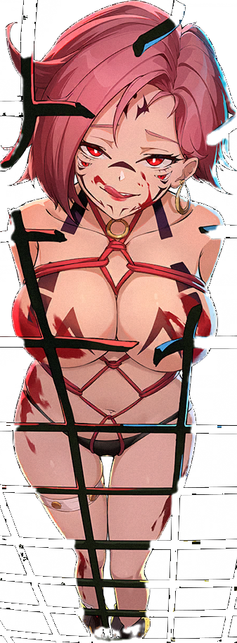 almost naked, almost nude, big breasts, black panties, breasts, devious grin, enigma of sepia, female, genderswap, genderswap (mtf), horny female, itadori yuuji, jujutsu kaisen, looking at viewer, navel, panties, pink hair, red eyes, rope, rope bondage, rule 63, ryoumen sukuna (jujutsu kaisen), shibari, slim, slim female, slim waist, tongue out, transparent background