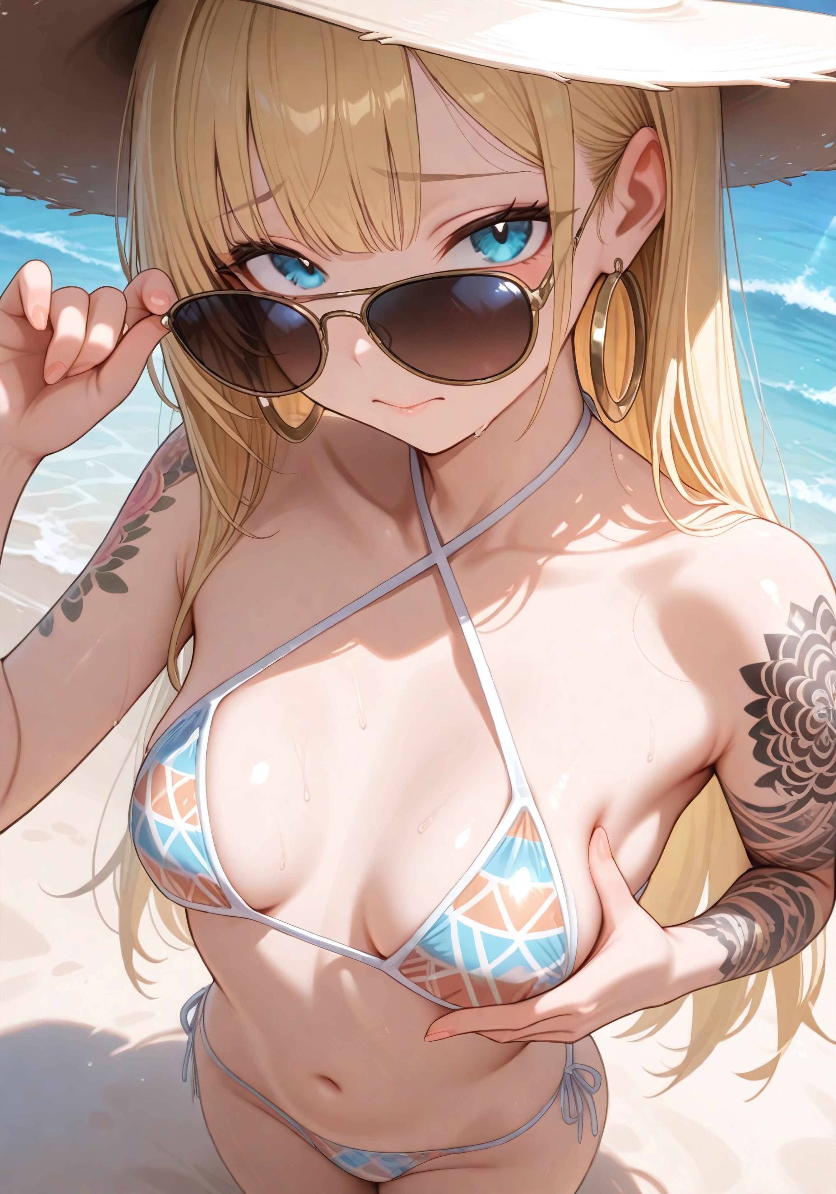 adjusting eyewear, ai generated, bikini, bikini bottom, bikini top, blonde female, blonde hair, blue eyes, breasts, breasts apart, female, grabbing own breast, halter bikini, holding breast, hoop earrings, long hair, looking over eyewear, looking over sunglasses, petite breasts, petite female, small breasts, sunglasses, sunhat, tattoo, tattooed arm, tattoos, tinted eyewear