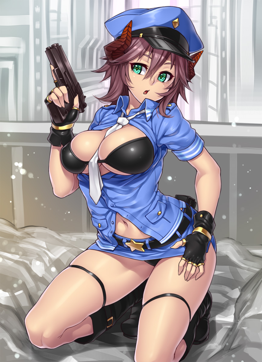 beige skin, boots, bra, breasts, color, demon, demon girl, female, female only, fingerless gloves, footwear, front view, gloves, gun, hair, hat, holding, holding gun, horns, houtengeki, looking at viewer, navel, necktie, open eyes, open mouth, peaked cap, pistol, police, shirt, skirt, solo, squatting, weapon