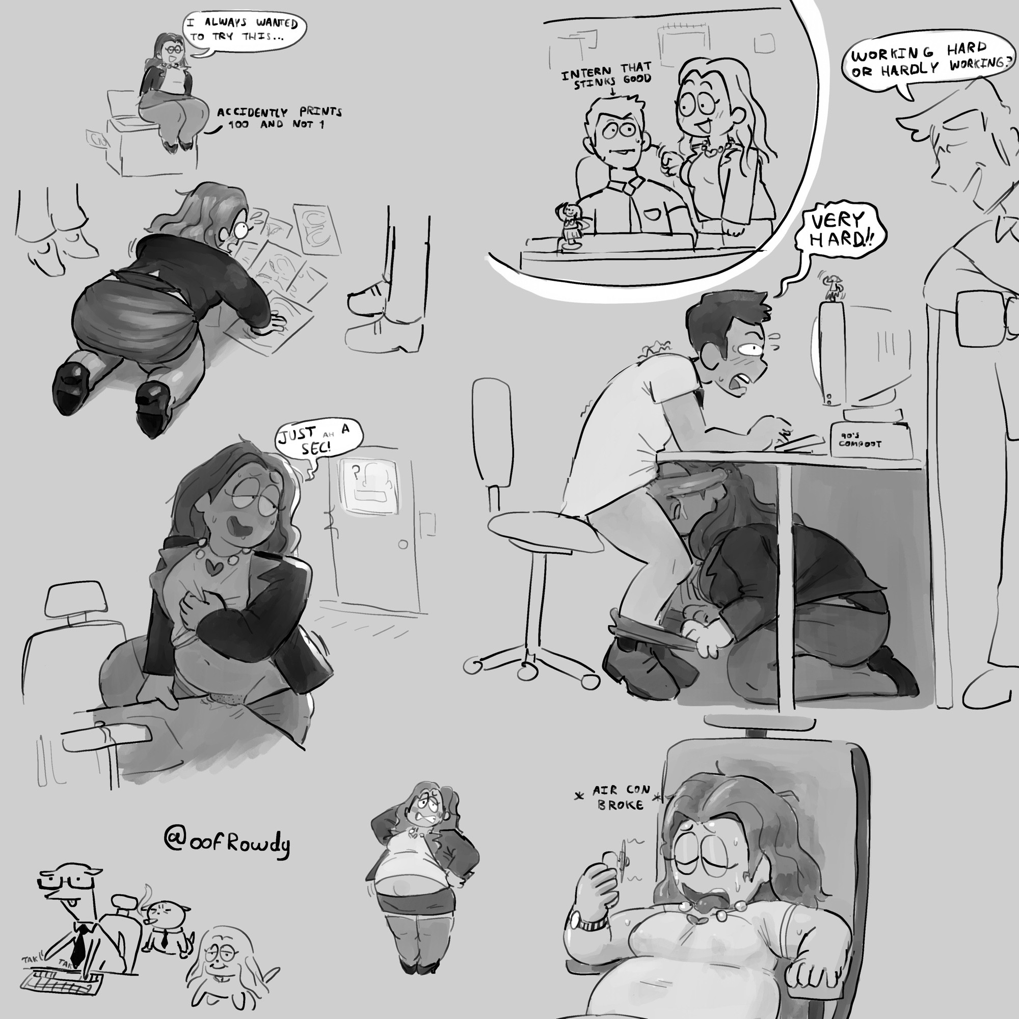 balls, balls sucking, blush, blushing, breasts, cathy, cathy andrews hillman, chubby, copy machine, crotch rub, dialogue, exposed stomach, female, female masturbation, grabbing, grabbing breasts, grabbing own breast, heart necklace, heels, male, masturbation, office chair, office lady, oofrowdy, oral, oral sex, stockings, sweaty, table humping, tagme, text, under the table