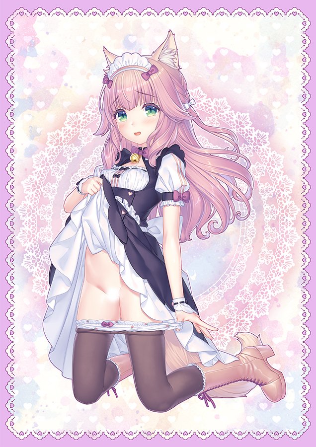 animal_ear_fluff animal_ears bell black_dress black_pantyhose boots bow bow_panties brown_boots cat_ears cat_girl cat_tail censored clothes_lift commentary_request dress dress_lift female fraise_(nekopara) fraise_(sayori) green_eyes groin high_heel_boots high_heels jingle_bell kneeling lifting_own_clothes light_censor long_hair looking_at_viewer maid_headdress neck_bell nekopara official_art open_mouth panties panty_pull pantyhose pink_hair pulling_own_clothes ribbon sayori_(neko_works) second-party_source short_sleeves smile solo tail thighs underwear waitress white_panties wrist_cuffs