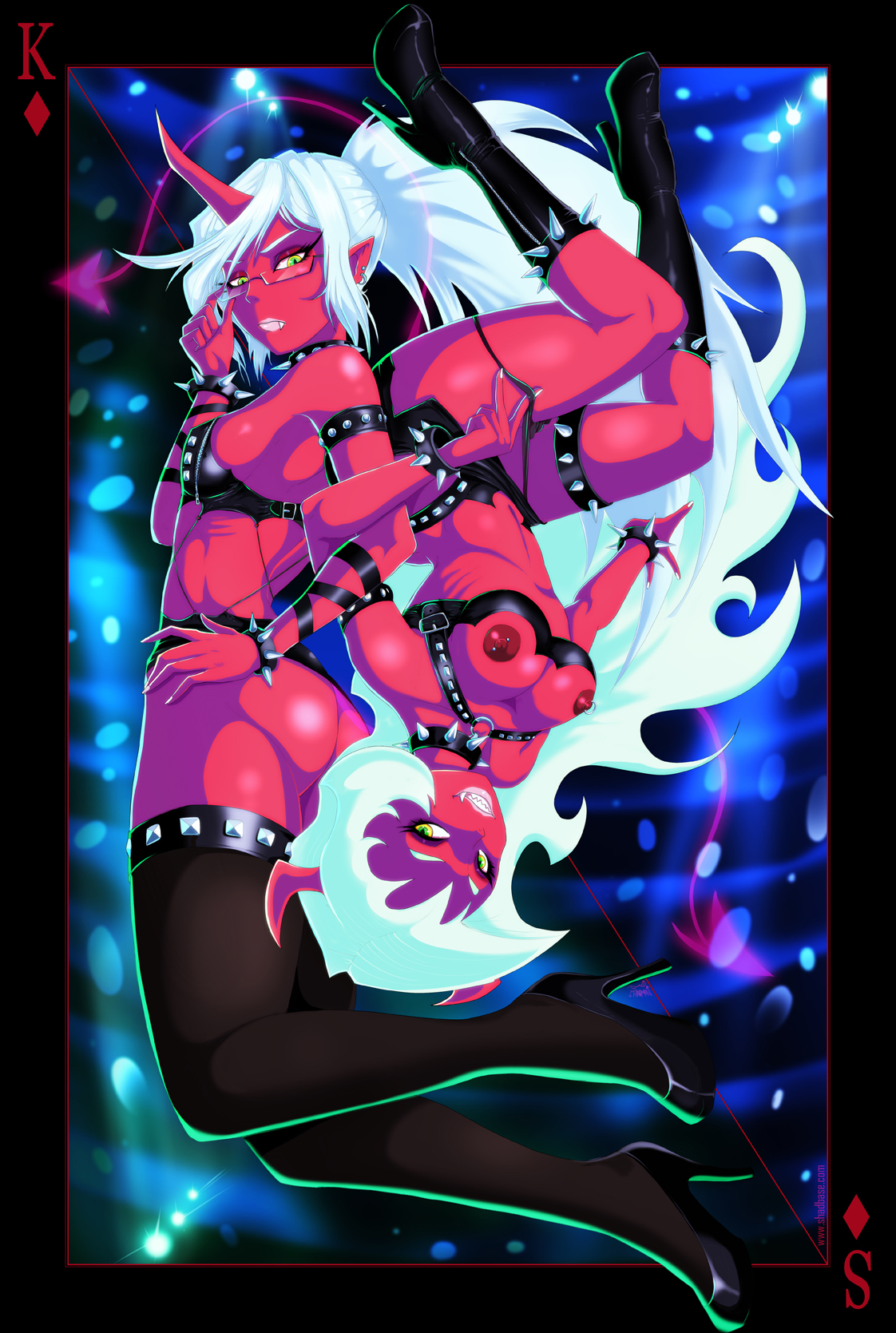 2demons, ass, breasts, demon, demon girl, demons, female, high heel boots, high heels, kneesocks daemon, nipple piercing, nipples, panty & stocking with garterbelt, piercing, scanty daemon, shadman