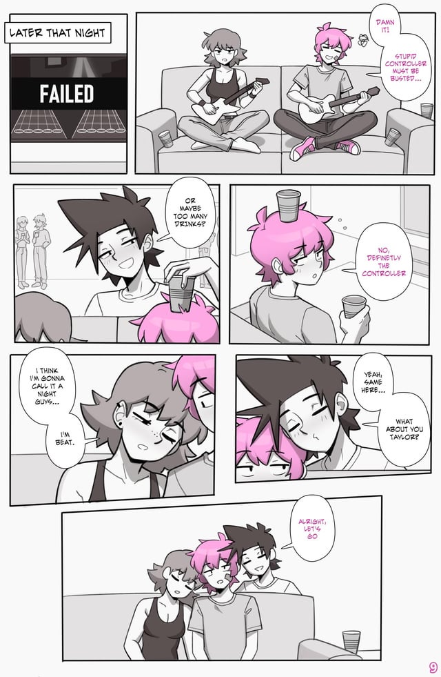 black_and_white comic_page conversation dross female greyscale jacob_(dross) male no_sex(yet) panels pink_hair roxanne_(dross) talking taylor_(dross)