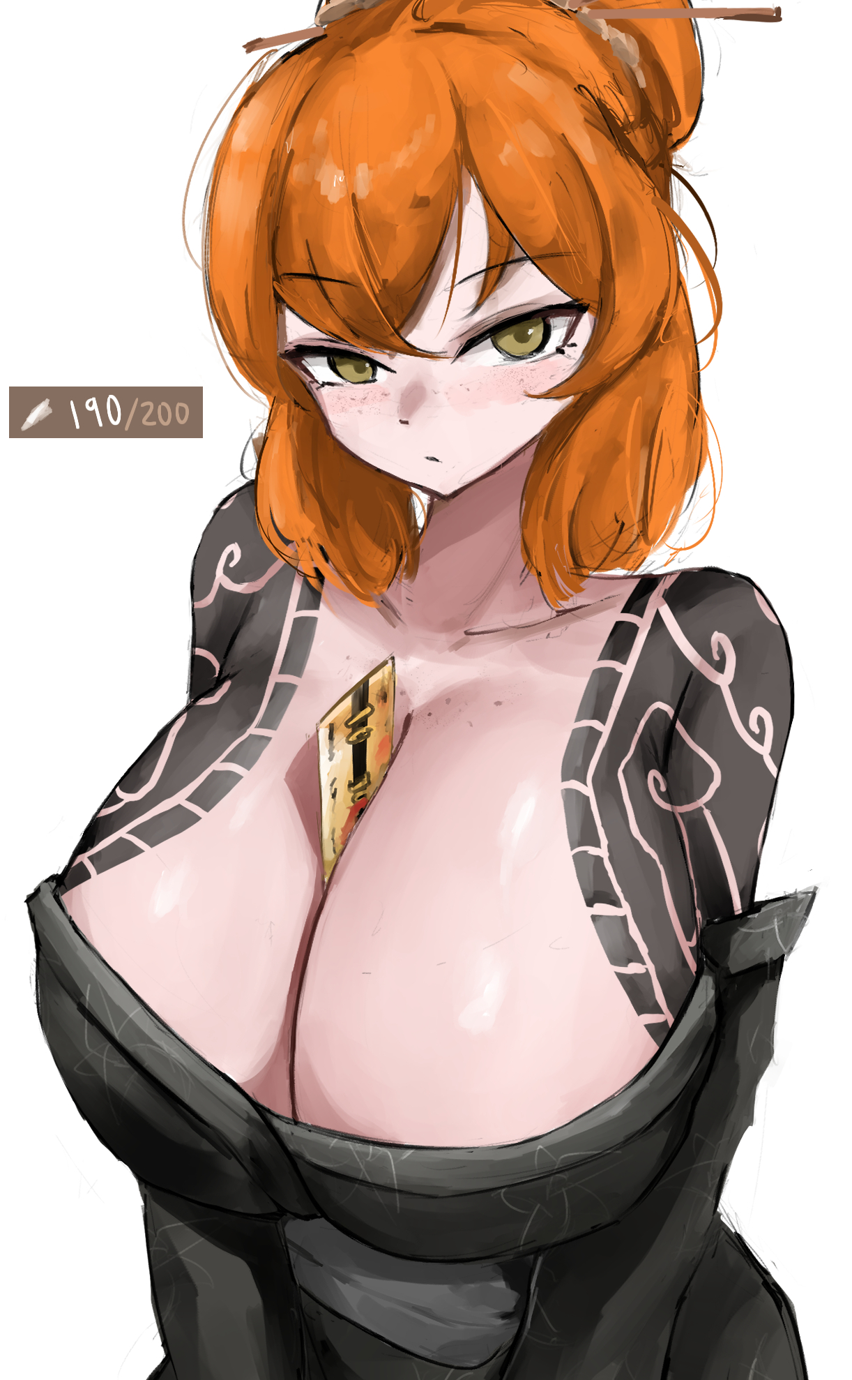 1girls, bare shoulders, big breasts, blush, breast tattoo, breasts, cleavage, female, female only, freckles, hair bun, hairstick, huge breasts, irezumi, ishmael (limbus company), japanese clothes, kimono, kurokumo clan (identity) (project moon), large breasts, limbus company, looking at viewer, no bra, off shoulder, orange hair, project moon, shoulder tattoo, solo, tattoo, tattoo on breast, tied hair, white background, www1 (artist), yakuza tattoo, yellow eyes