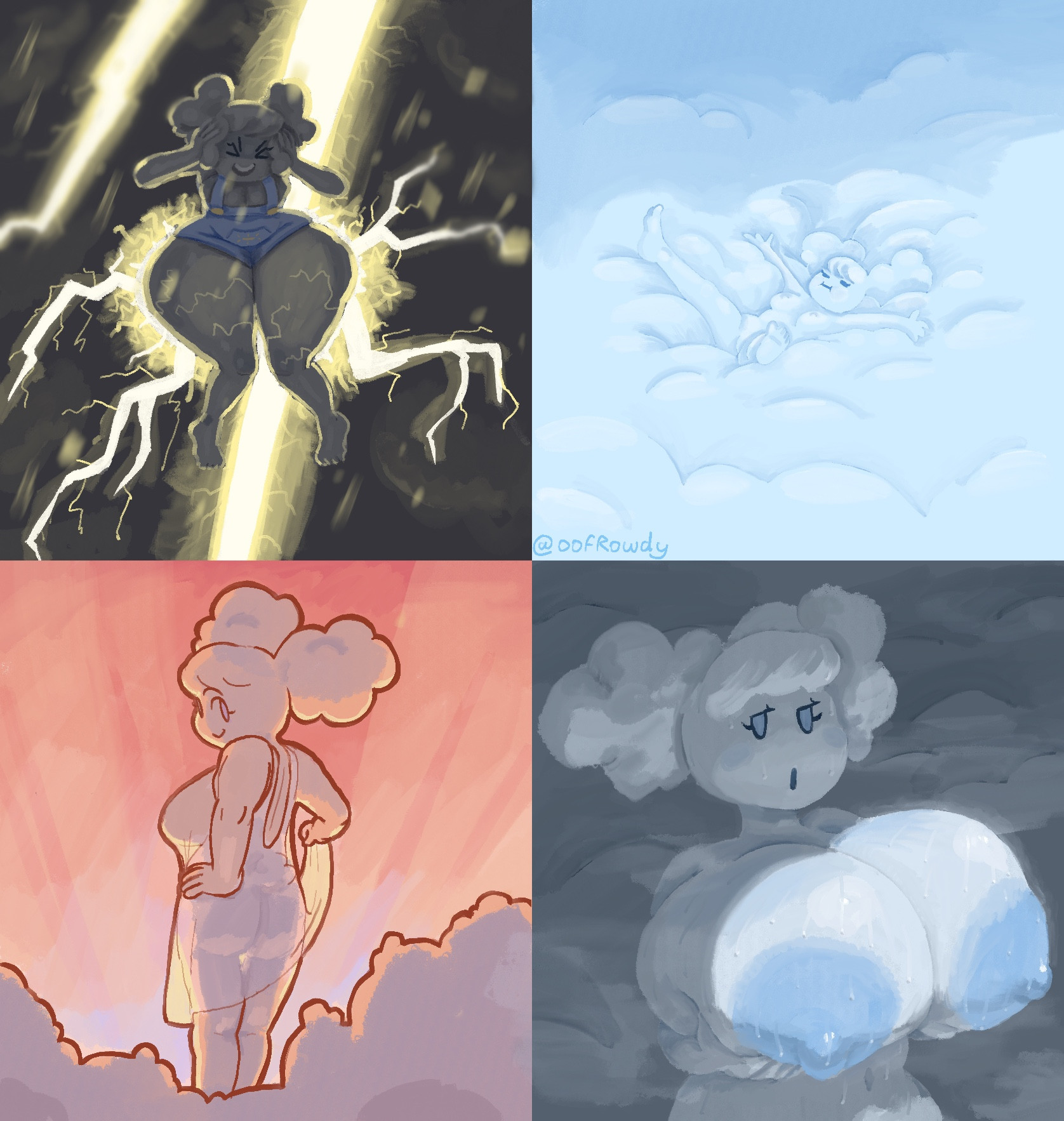 1girls, big breasts, breasts, cloud, clouds, female, humanized, large areolae, lightning, lightning bolt, lying on back, oc, oofrowdy, original character, personification, see-through clothing, sideboob, sunny (oofrowdy), sweaty, sweaty breasts, tagme, thunder thighs, wide hips