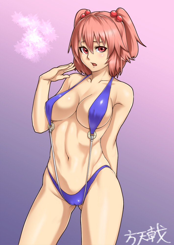 beige skin, bikini, breasts, cleavage, clothes, color, female, female only, front view, hair, houtengeki, komachi onozuka, looking at viewer, navel, open eyes, open mouth, pink background, red eyes, red hair, short hair, skimpy, solo, standing, touhou