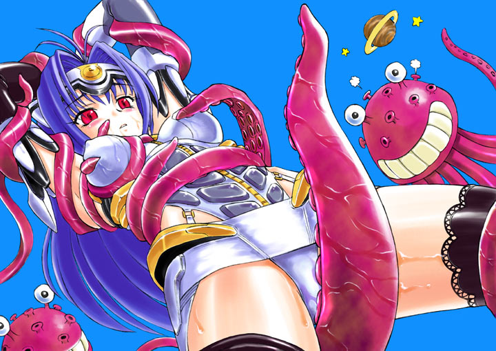 alien arm_grab arms_up blue_hair blush breast_grab elbow_gloves female imminent_rape kos-mos leotard medium_breasts monster planet red_eyes restrained spark_utamaro tentacles thighhighs thighs xenosaga