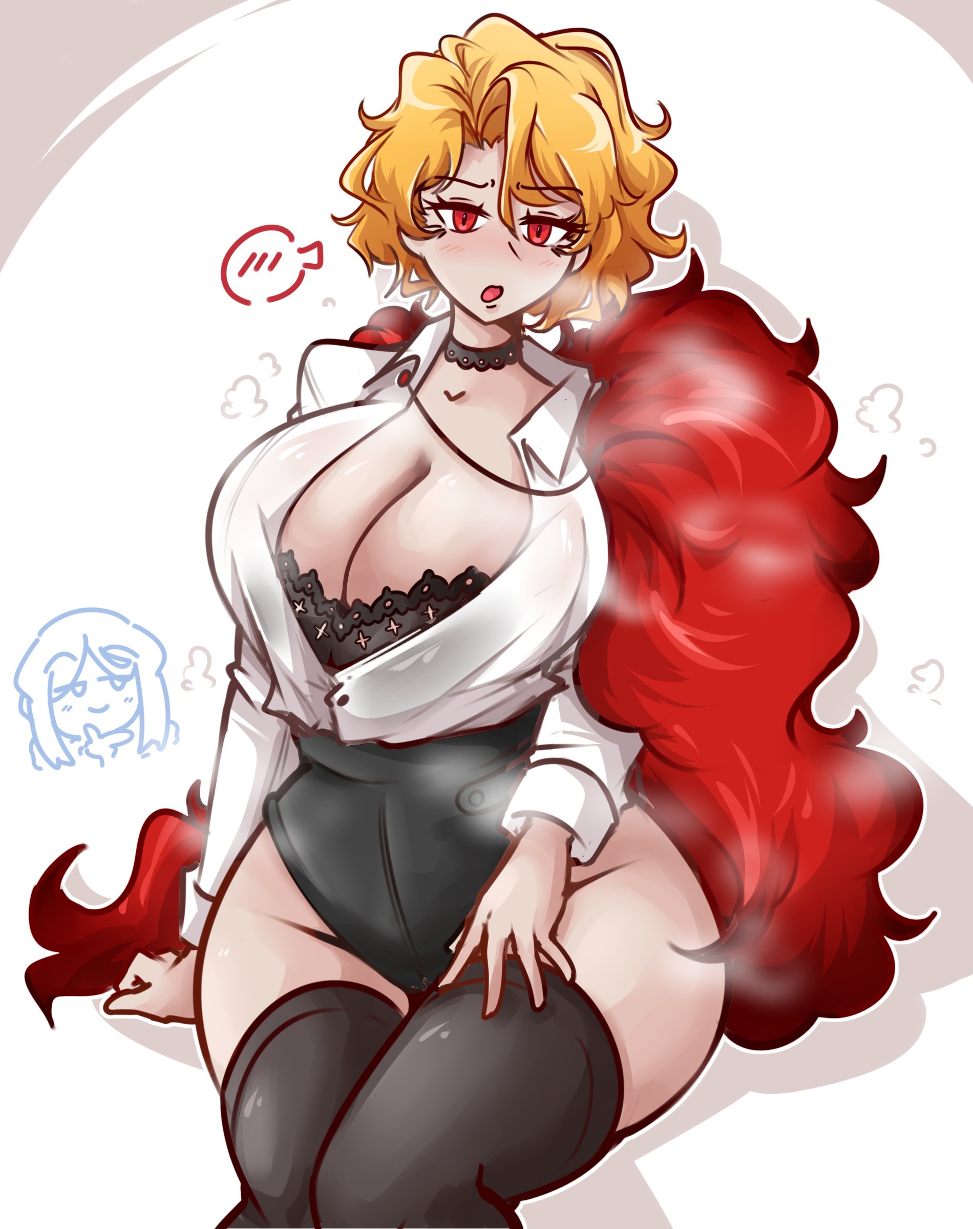 1girls, bari (project moon), blonde hair, bra, breasts, busty, cleavage, dankestsin, don quixote (limbus company), female, female only, huge breasts, lacy bra, leotard, light skin, light-skinned female, limbus company, lingerie, looking at viewer, open mouth, open shirt, pale skin, pale-skinned female, project moon, red eyes, sancho (limbus company), short hair, solo, steam, thick thighs, thighhighs, venus body, visible breath, voluptuous, wide hips