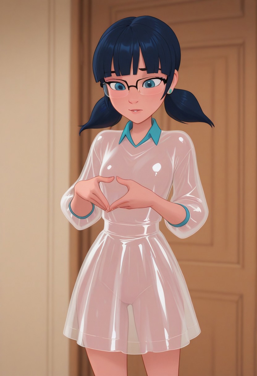 2d, ai generated, bangs, blue eyes, blue hair, blunt bangs, civitai, cute, cute face, detailed eyes, earrings, female, geneker, glasses, latex dress, low twintails, miraculous ladybug, miraculous: tales of ladybug and cat noir, over-rim eyewear, see-through, see-through dress, semi-rimless eyewear, short twintails, socqueline wang, solo, solo female, twintails