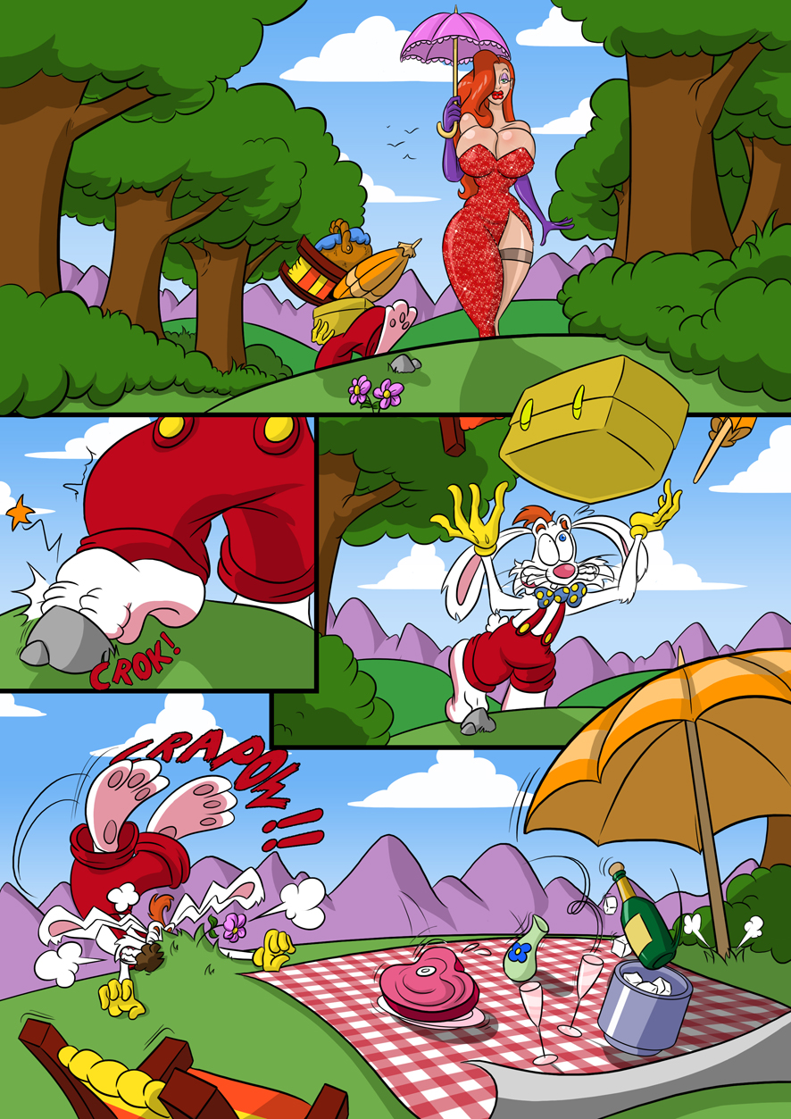 breasts, color, comic, day, disney, english text, female, furry, human, jessica rabbit, kogeikun, large breasts, long hair, male, outdoors, red hair, roger rabbit, text, tree, who framed roger rabbit