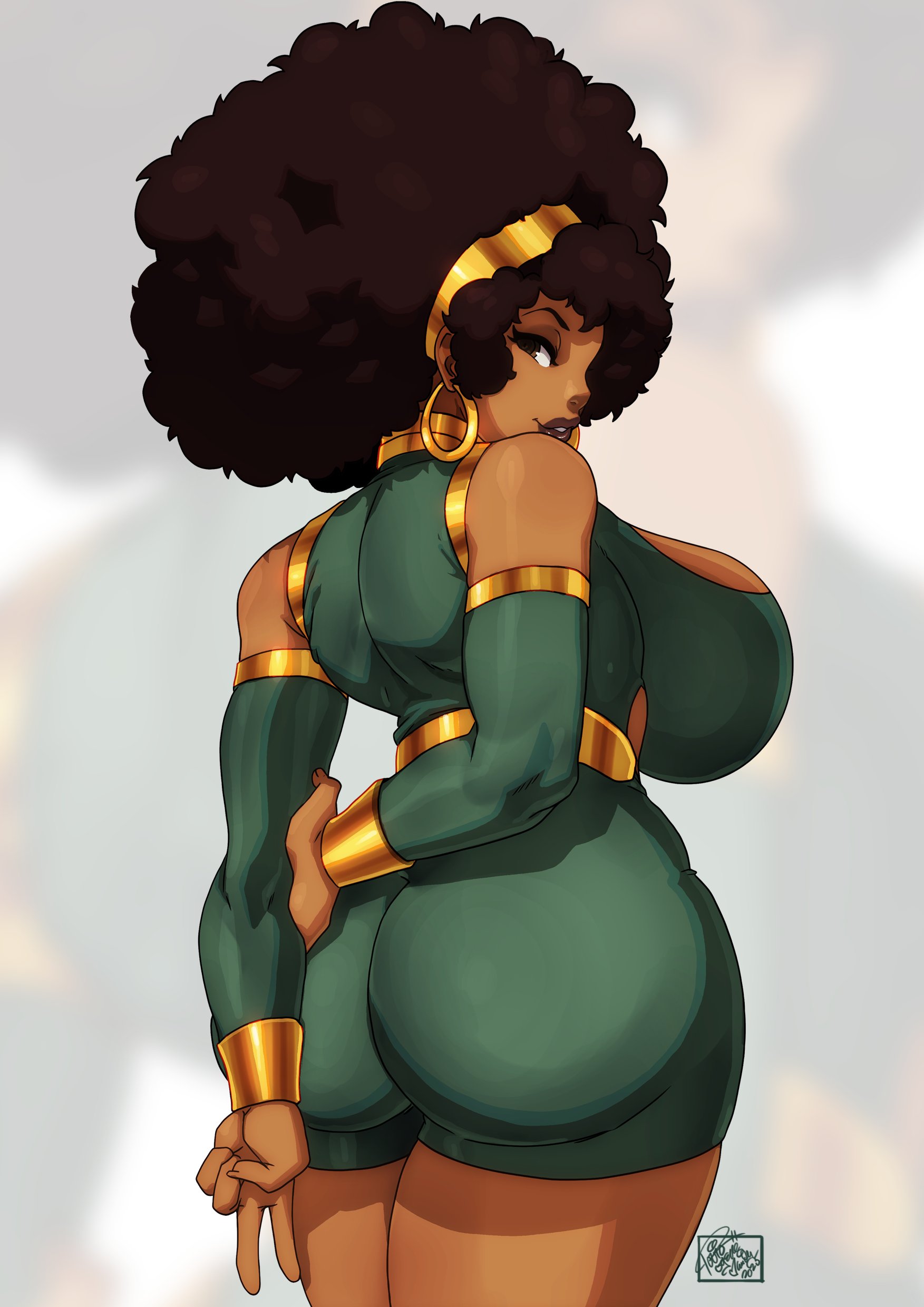 1girls, afro, ass, black hair, breasts, commission, dark skin, dark-skinned female, female, female only, from behind, hairband, huge breasts, large ass, looking at viewer, looking back, rear view, solo, tovio rogers, v