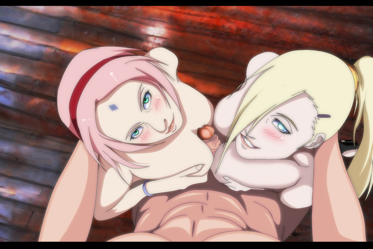 1boy, 2girls, artist request, blonde hair, blue eyes, blush, boruto: naruto next generations, breasts, double paizuri, erection, female, green eyes, hairband, ino yamanaka, long hair, male, multiple females, multiple girls, multiple paizuri, naruto, naruto (series), outercourse, paizuri, penis, pink hair, sakura haruno, short hair, smile, threesome, tied hair, wristband