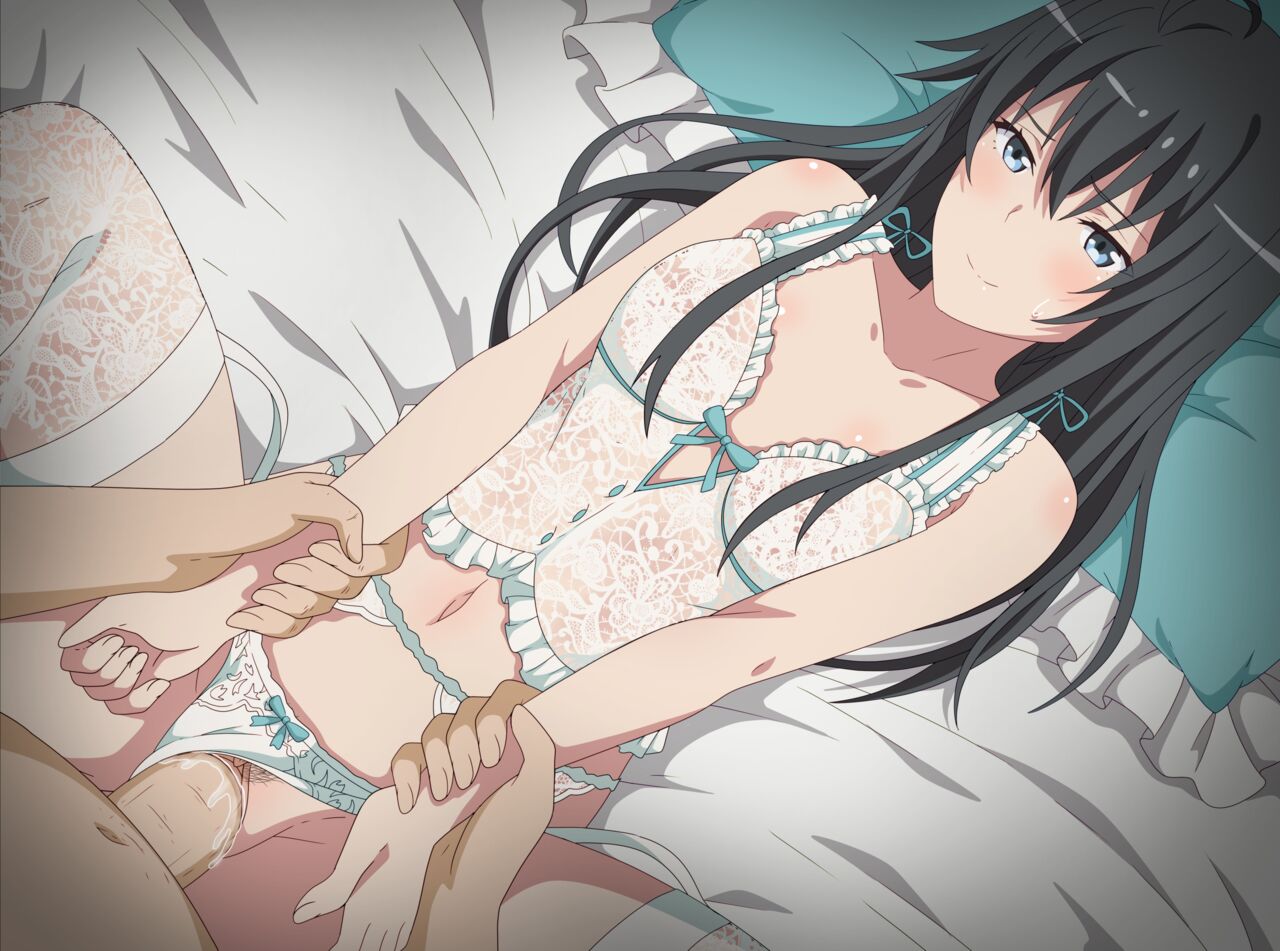 1boy, 1girls, accurate art style, black hair, blue eyes, blush, breasts, eufoniuz, female, garter belt, garter straps, lace, lingerie, long hair, lying, lying on back, lying on bed, male, my teen romantic comedy snafu, panties, panties aside, pussy, sex, small breasts, smile, spread legs, thighhighs, uncensored, vaginal penetration, yukinoshita yukino