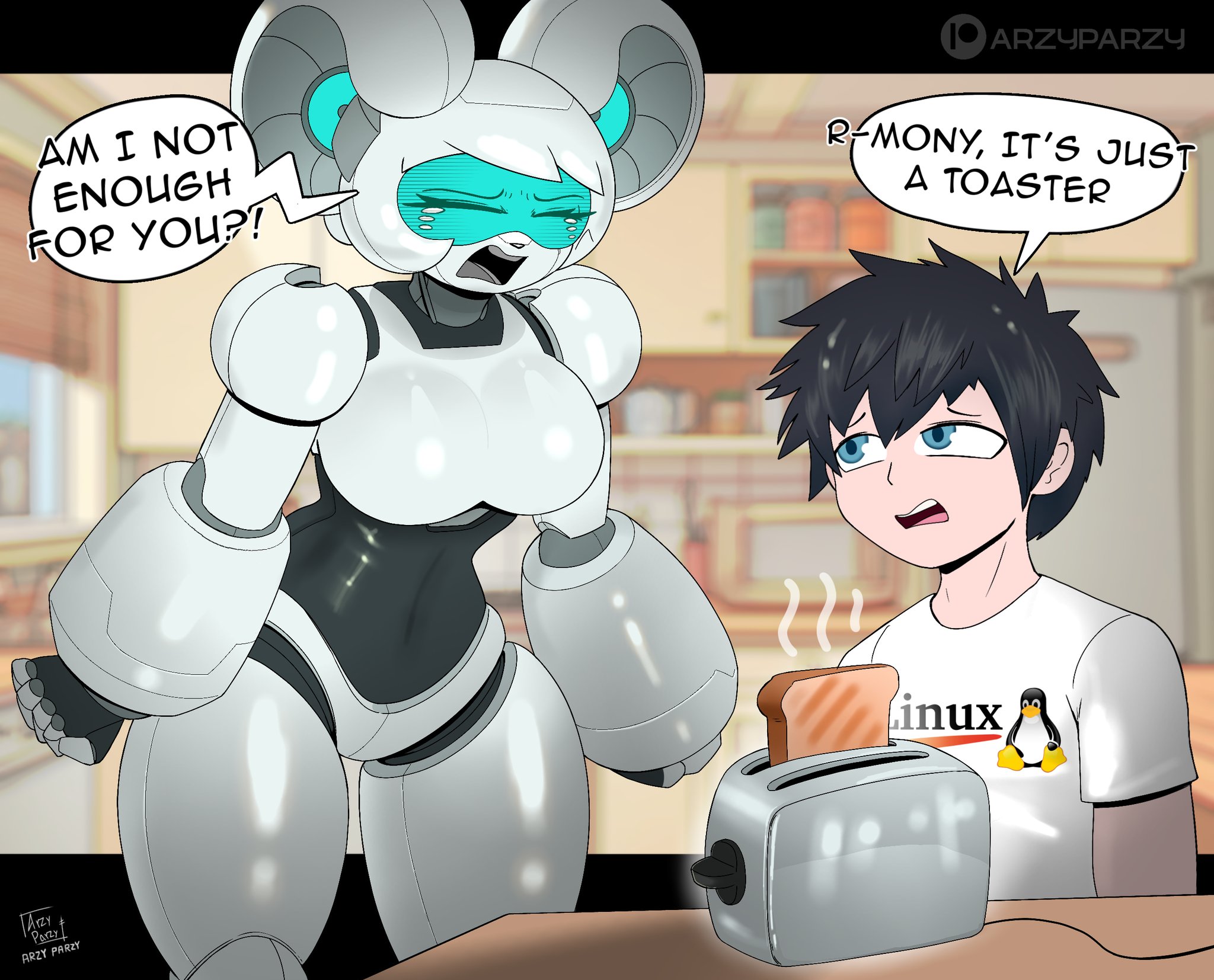 1boys, 1girls, arzyparzy, breasts, cameo, linux, mouse ears, original character, r-mony (arzyparzy), robot, robot girl, robot humanoid, tagme, toaster, tux the penguin