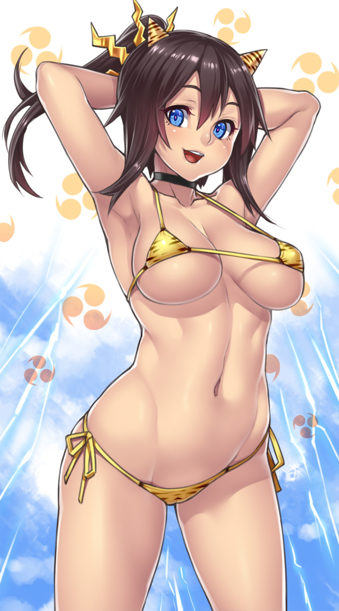 bikini, blue eyes, breasts, brown hair, clothes, color, female, female only, front view, hair, hands behind head, horns, houtengeki, looking at viewer, navel, open eyes, open mouth, solo, swimsuit, tan skin