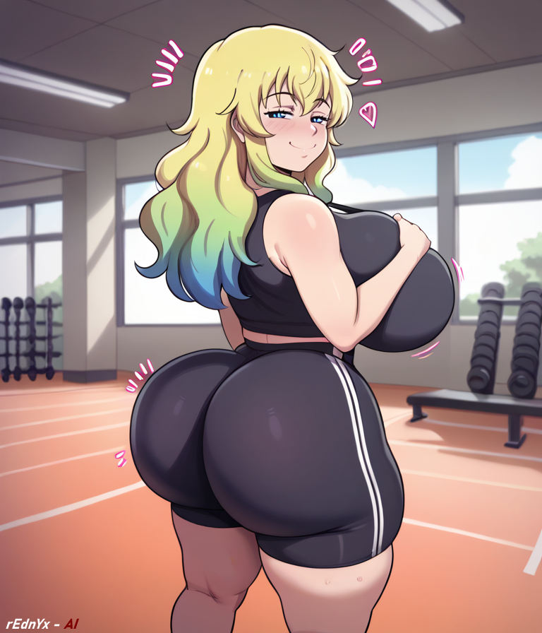 1girls, ai generated, ass, black shirt, black shorts, blonde female, blonde hair, breasts, bubble ass, bubble butt, female, female only, gym clothes, horns, huge ass, huge breasts, kobayashi-san chi no maidragon, light skin, light-skinned female, looking at viewer, lucoa, lucoa (maidragon), miss kobayashi's dragon maid, quetzalcoatl (dragon maid), rednyx, shorts, smile, thick thighs, thighs, two-tone hair