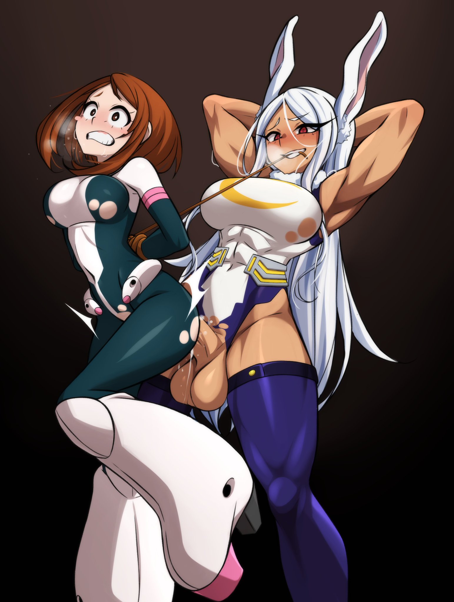 1futa, 1girls, abs, age difference, ambiguous penetration, animal ears, arms behind back, aroused, athletic, athletic futa, big breasts, blush, bodysuit, bound wrists, breasts, brown eyes, brown hair, bunny ears, clenched teeth, clothed sex, dark skin, dark-skinned futa, dark-skinned top, embarrassed, female, female human, femsub, fit, fit female, fit futa, futa on female, futadom, futanari, height difference, hero outfit (mha), human, intersex, kemonomimi, large breasts, leotard, light skin, light-skinned bottom, light-skinned female, long hair, male, mature futa, medium breasts, miruko, muscular, muscular futa, my hero academia, navel, ochako uraraka, ochako uraraka (hero outfit), older penetrating younger, paid reward available, patrickdja, pussy, questionable consent, rabbit ears, rape, red eyes, restrained, restraints, rumi usagiyama, sex, sex from behind, slim waist, smaller female, standing sex, superheroine, teenage female, teenager, thick thighs, thighhighs, thrusting, torn bodysuit, torn clothes, torn leotard, vaginal penetration, variant set, white hair, wide hips, younger female