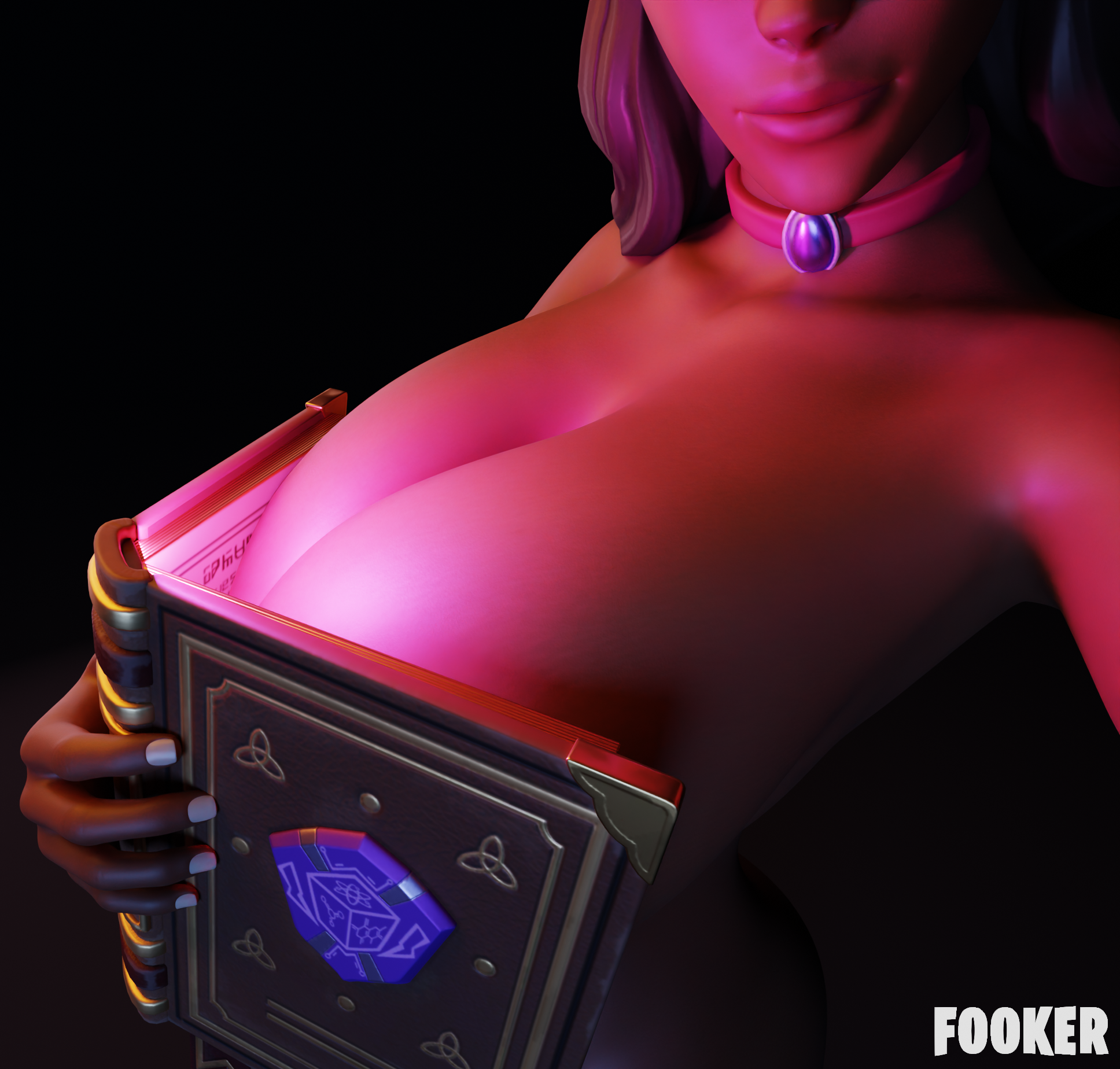 1:1, 3d, alternate breast size, artist name, big breasts, blender, blender cycles, book, book covering breasts, breasts, choker, choker only, covered breasts, dark room, dark skin, dark-skinned female, female, female focus, fooker, fortnite, fortnite: battle royale, glowing, high resolution, highres, huge breasts, isabelle (fortnite), meme, meme reference, naked, naked female, nude, nude female, ouch meme, out of frame, selfie, smile