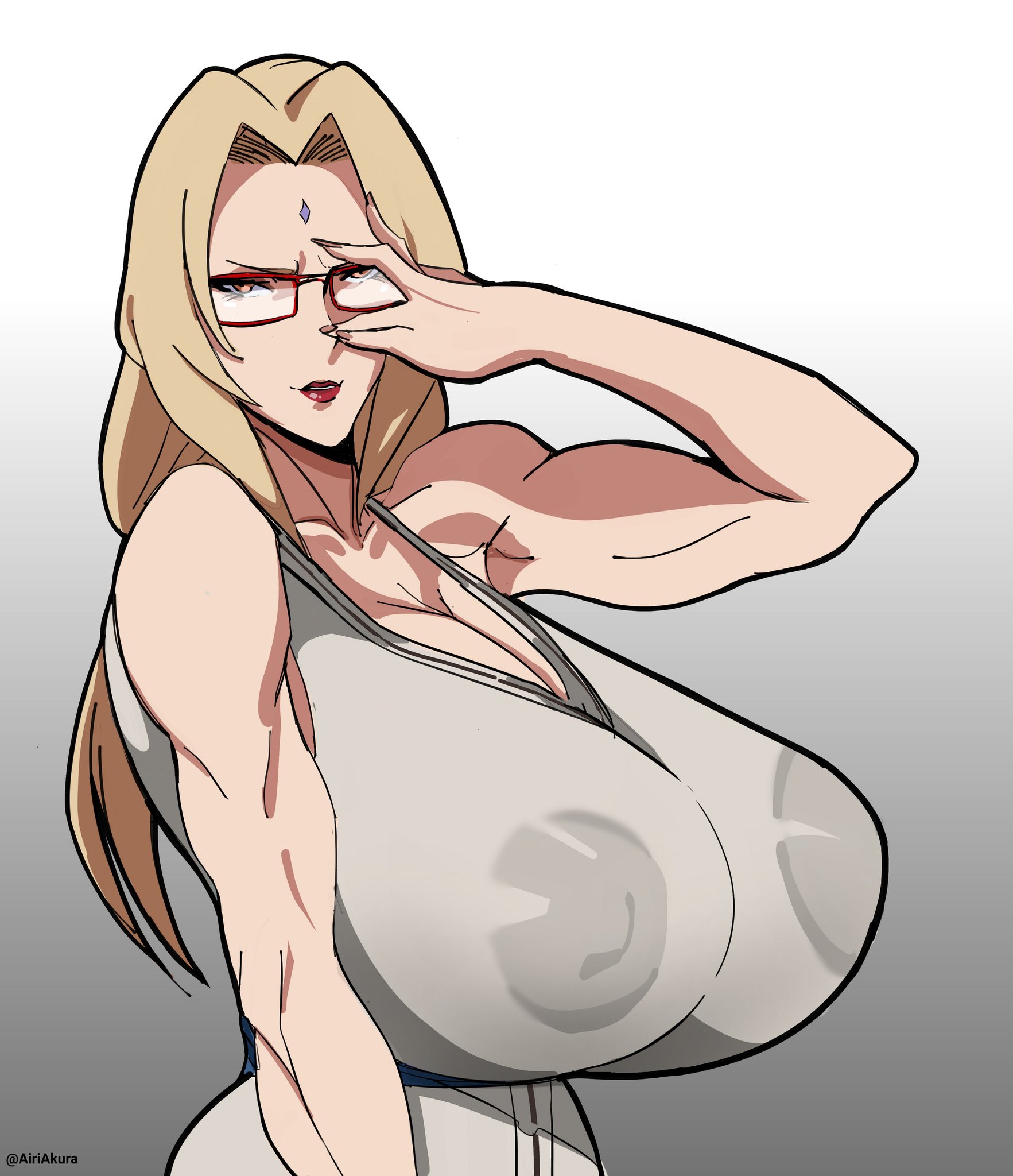1girls, airi akura, big breasts, blonde hair, breasts, female, female only, glasses, huge breasts, mature female, milf, naruto, naruto (series), nipples, nipples visible through clothing, solo, tsunade