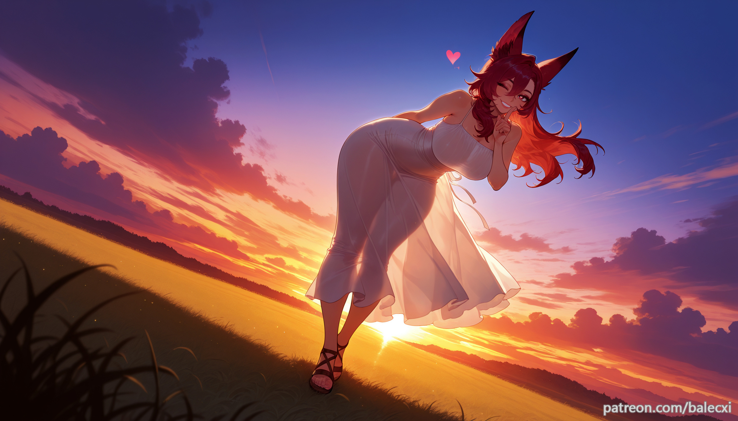 1girls, ai generated, animal ears, balecxi, bent over, breasts, dress, dutch angle, female, full body, heart, large breasts, league of legends, leaning forward, long hair, looking at viewer, one eye closed, outdoors, red hair, sandals, see-through, sky, smile, solo, standing, sunset, white dress, xayah