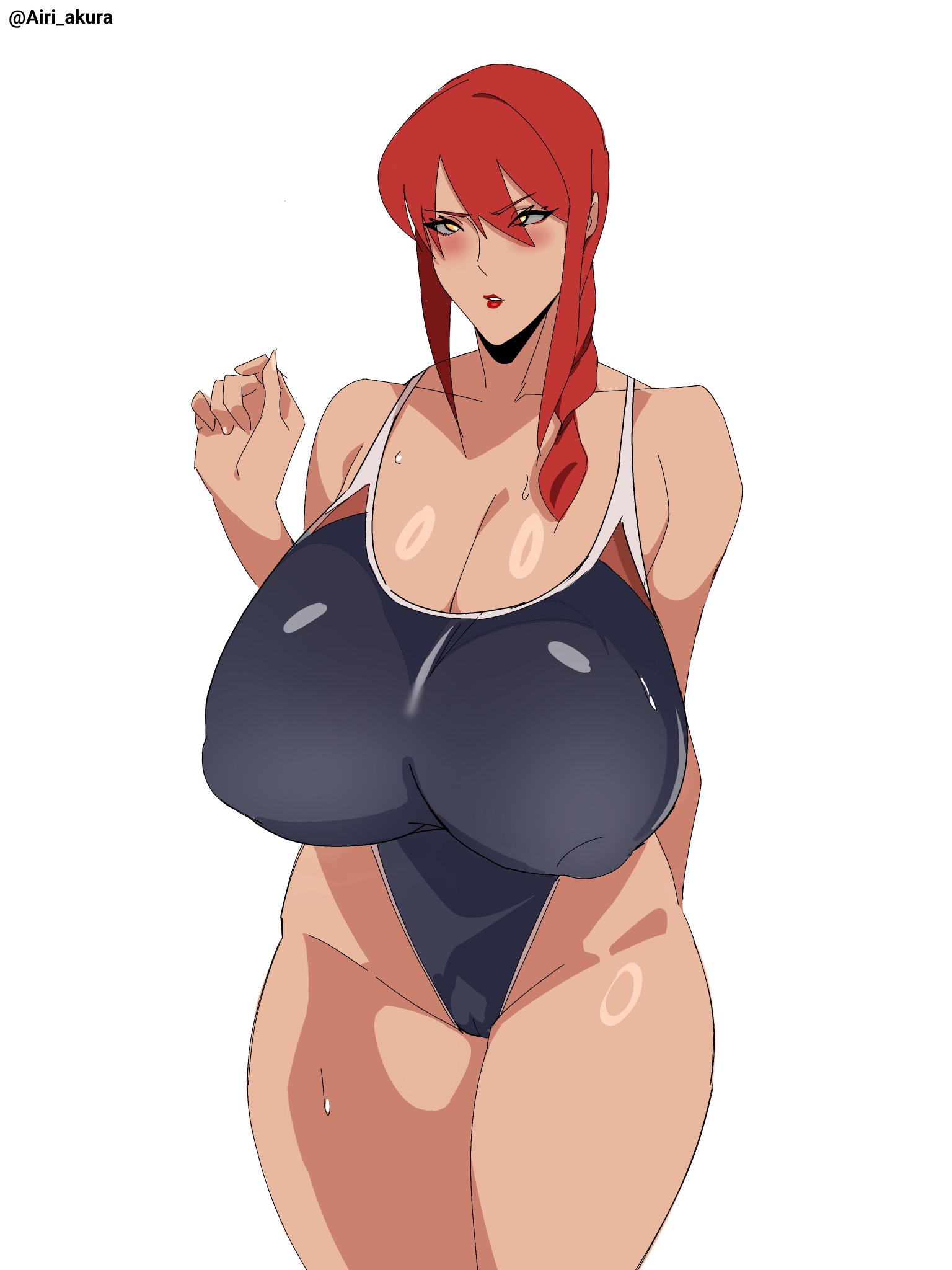 1girls, airi akura, big breasts, breasts, chainsaw man, cleavage, female, female only, huge breasts, makima (chainsaw man), massive breasts, nipple bulge, one-piece swimsuit, red hair, solo, swimsuit