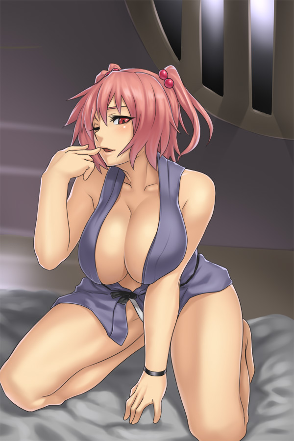 barefoot, blush, breasts, cleavage, clothes, color, female, female only, front view, hair, houtengeki, indoors, kneeling, komachi onozuka, pink hair, red eyes, solo, tagme, tan skin, touhou, wink