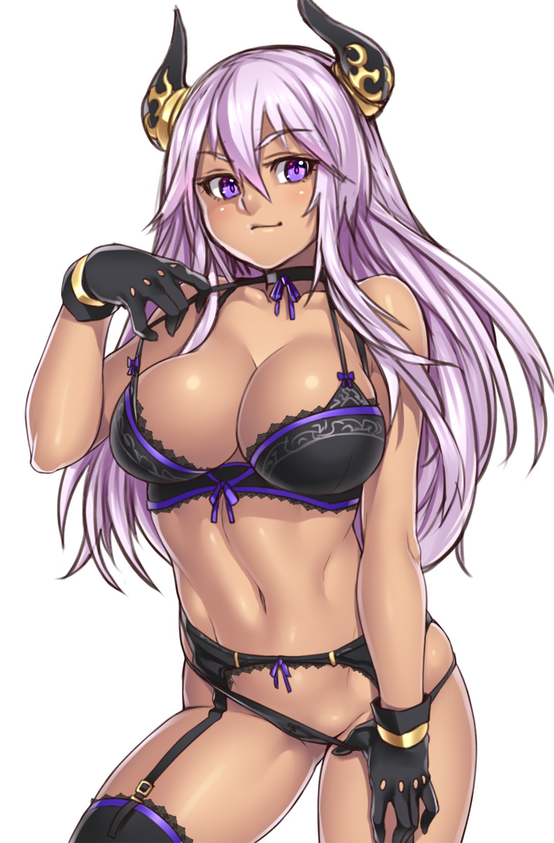 bra, choker, closed eyes, clothes, color, female, female only, front view, gloves, hair, horns, houtengeki, long hair, open eyes, purple eyes, purple hair, solo, standing, tan skin, thighhighs, white background