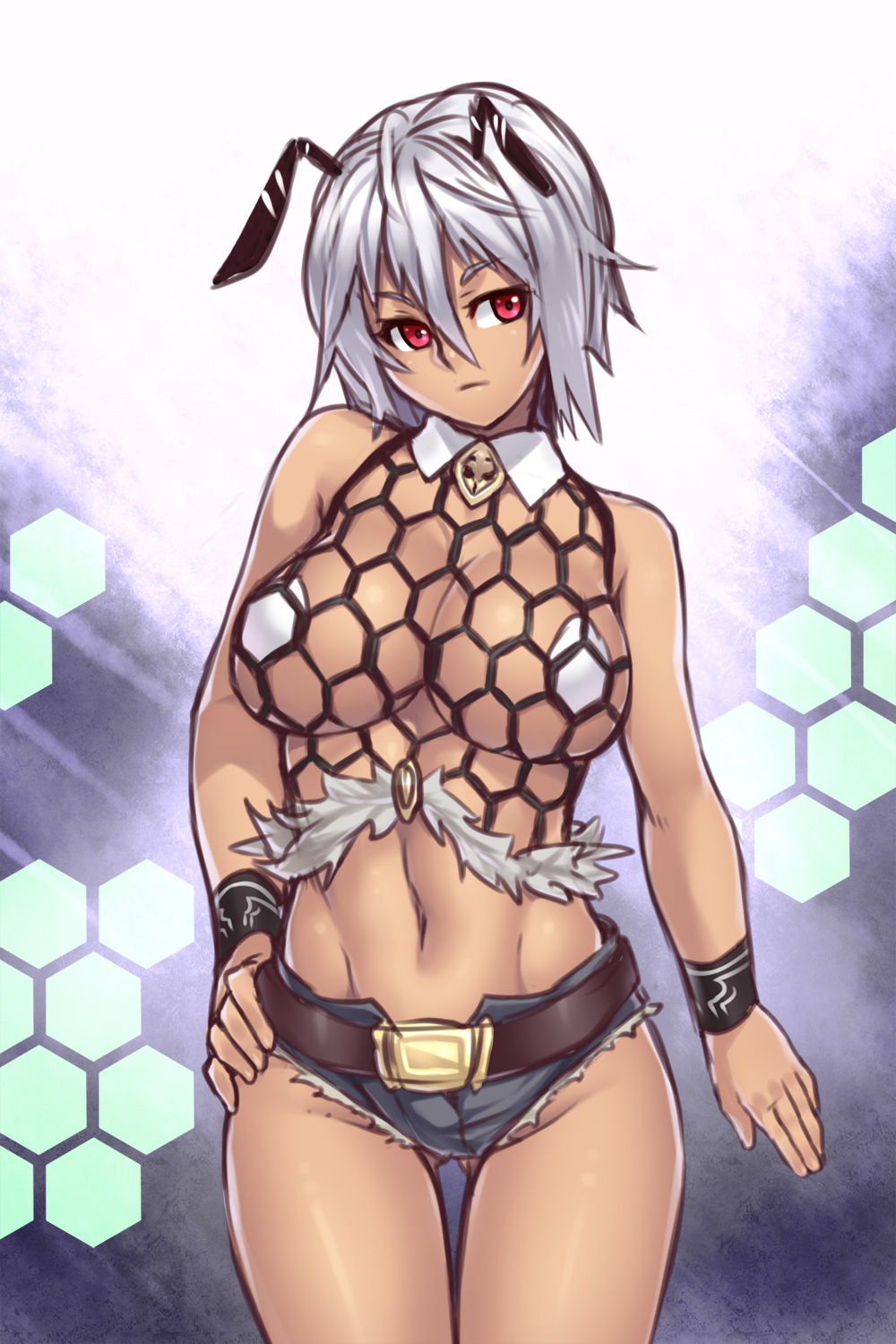 antennae bee_girl breasts denim denim_shorts fishnet_top fishnets honeycomb_background houtengeki insect_girl large_breasts navel red_eyes silver_hair tagme thigh_gap thighs