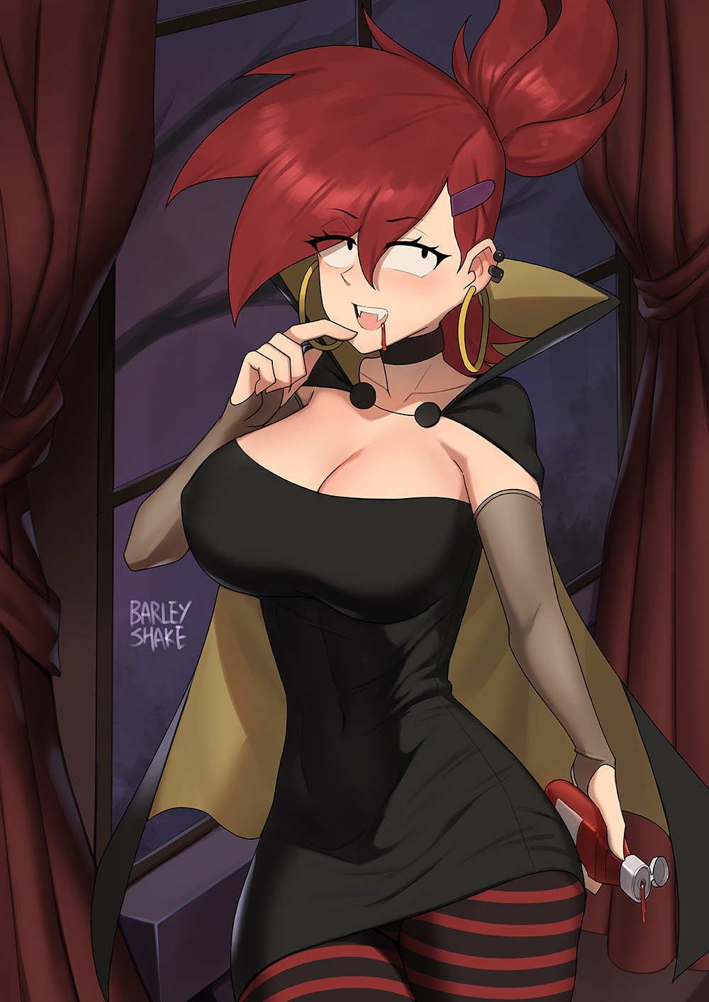 1girls, barleyshake, big breasts, black eyes, breasts, cape, cleavage, clothed, clothing, cosplay, curtains, curvy, curvy figure, dress, earrings, erect nipples, fake blood, fangs, female, female only, foster's home for imaginary friends, frankie foster, frankie foster (black dress), hotel transylvania, ketchup, large breasts, mavis dracula, mavis dracula (cosplay), nipple bulge, nipples, red hair, short hair, solo, solo female, source request, vampire, vampire costume, vampire girl, vampire teeth, window
