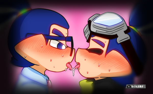 2018 2boys after_kiss blue_eyes blue_hair blush clothed eyes_closed gay glasses goggles goggles_(splatoon) inkling_boy jacket japanese_text male mouth_open nintendo pink_background pseudo_hair riiihiro_ika saliva saliva_trail shirt_and_tie specs specs_(splatoon) splatoon splatoon_(manga) sweat tongue_out topknot triangular_ears user_interface voyeur_pov white_pupils yaoi
