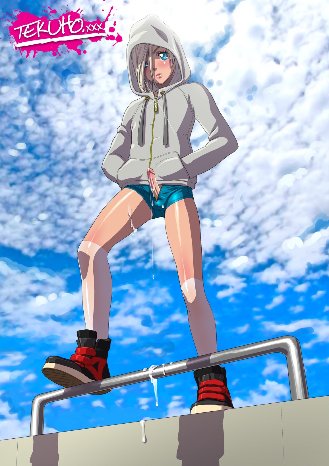 1boy, balls, balls in bloomers, balls in buruma, blonde hair, bloomers, blue eyes, blush, buruma, chris (tekuho), cum, cumshot, ejaculation, erection, femboy, gay, girly, hair over one eye, hoodie, lipstick, looking at viewer, male, male only, original, penis, penis out, solo, solo male, tekuho, trap
