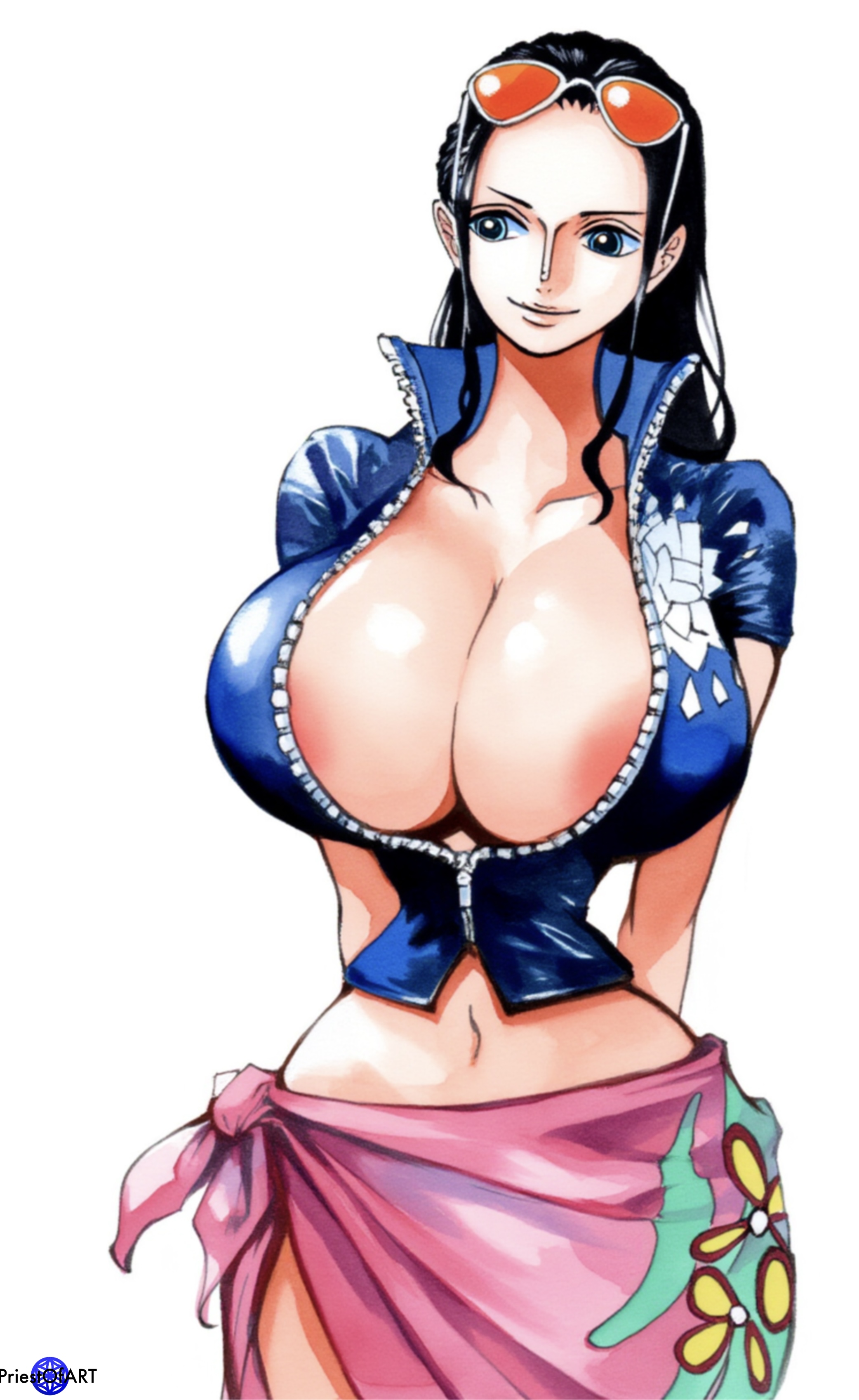 1girls, ai generated, areola, areola slip, black hair, black-haired female, blue eyes, breasts, breasts out, busty, clothing, color, female, female only, huge breasts, jackal, large breasts, long hair, looking away, narrow waist, nico robin, one piece, open clothes, priestofart, simple background, solo female, solo focus, tagme, tagme (artist), tagme (character), thin waist, watercolor (artwork), watermark, white background, wide hips