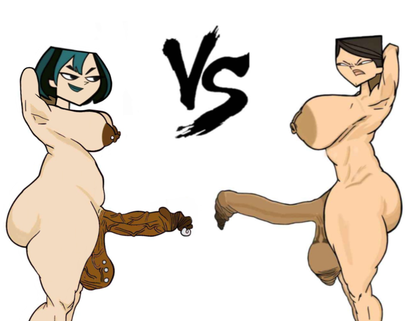 2futas, almakhadie (artist), arms behind head, balls, ballsack, battle, big balls, big breasts, breasts, canon, catfight, cock, curvaceous, curves, curvy figure, curvy hips, darkened genitals, darkened nipples, darkened penis, dyed hair, excessive foreskin, fat breasts, fighting, foreskin, foreskin folds, foreskin overhang, futanari, gwen (tdi), hate each other, heather (tdi), intersex, long foreskin, naked, penis, small breasts, total drama island, uncensored, uncircumcised, veiny penis, vs