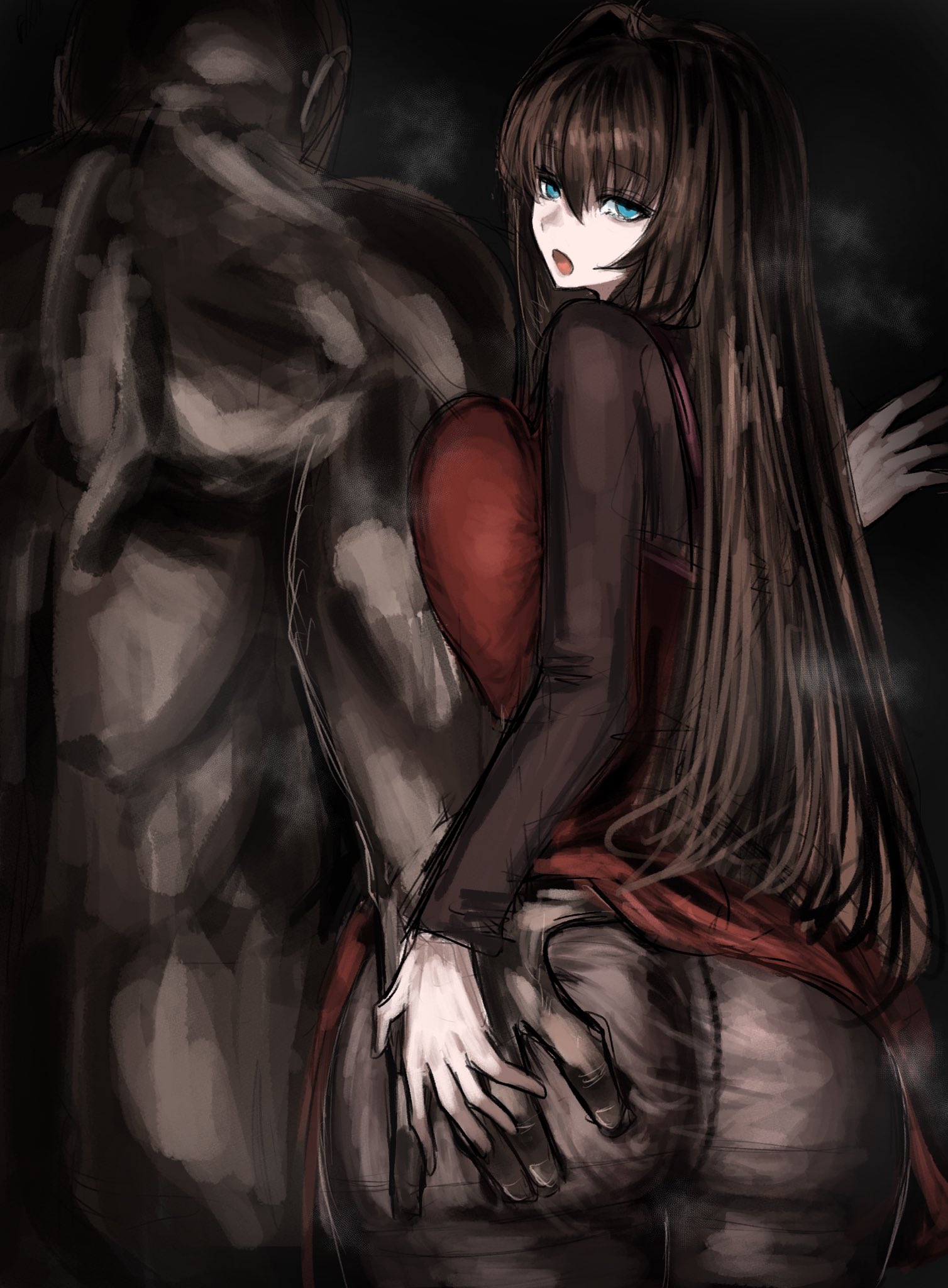 1boy, 1girls, 2d, 2d (artwork), age difference, altered common sense, aozaki aoko, ass, ass grab, big ass, blue eyes, brown hair, change in common sense, dark skin, dark-skinned male, emotionless, emotionless female, expressionless, female, first person view, grabbing another's ass, grabbing ass, groping, highres, huge ass, human puppet, long hair, looking at viewer, looking back, looking back at viewer, maabo harusame, mahou tsukai no yoru, male, massive ass, molesting, muscular, muscular male, netorare, nude male clothed female, pantyhose, pov, rapist and victim, steam, steaming body, type-moon, unaware hypnosis, voluptuous, voluptuous female