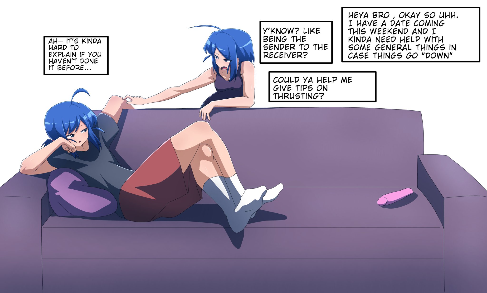 1boy, 1girls, blue eyes, blue hair, brother and sister, casual, clothed, dialogue, dildo, english text, expressionless, female, femboy, hikaru shimoto, incest, male, oc, original character, sex toy, sofa, text, twins, uncensored, zukafu shimoto, zukafu shimoto (character)