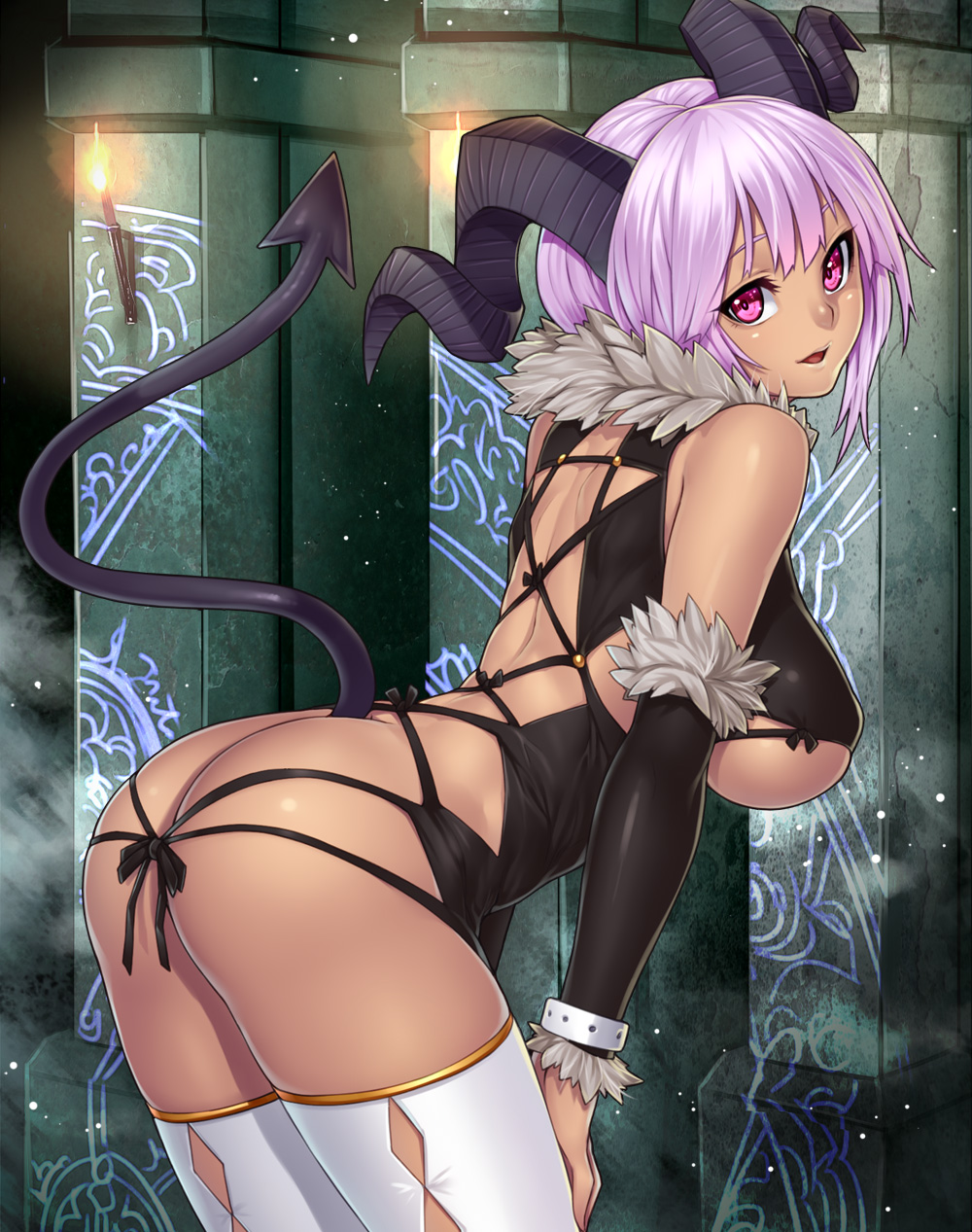 ass bent_over clothes color demon_girl female female_only fire hair hands_on_legs horns houtengeki indoors looking_at_viewer looking_right open_eyes open_mouth pink_eyes purple_hair raised_tail short_hair side_view solo spade_tail tail tan_skin thighhighs torch