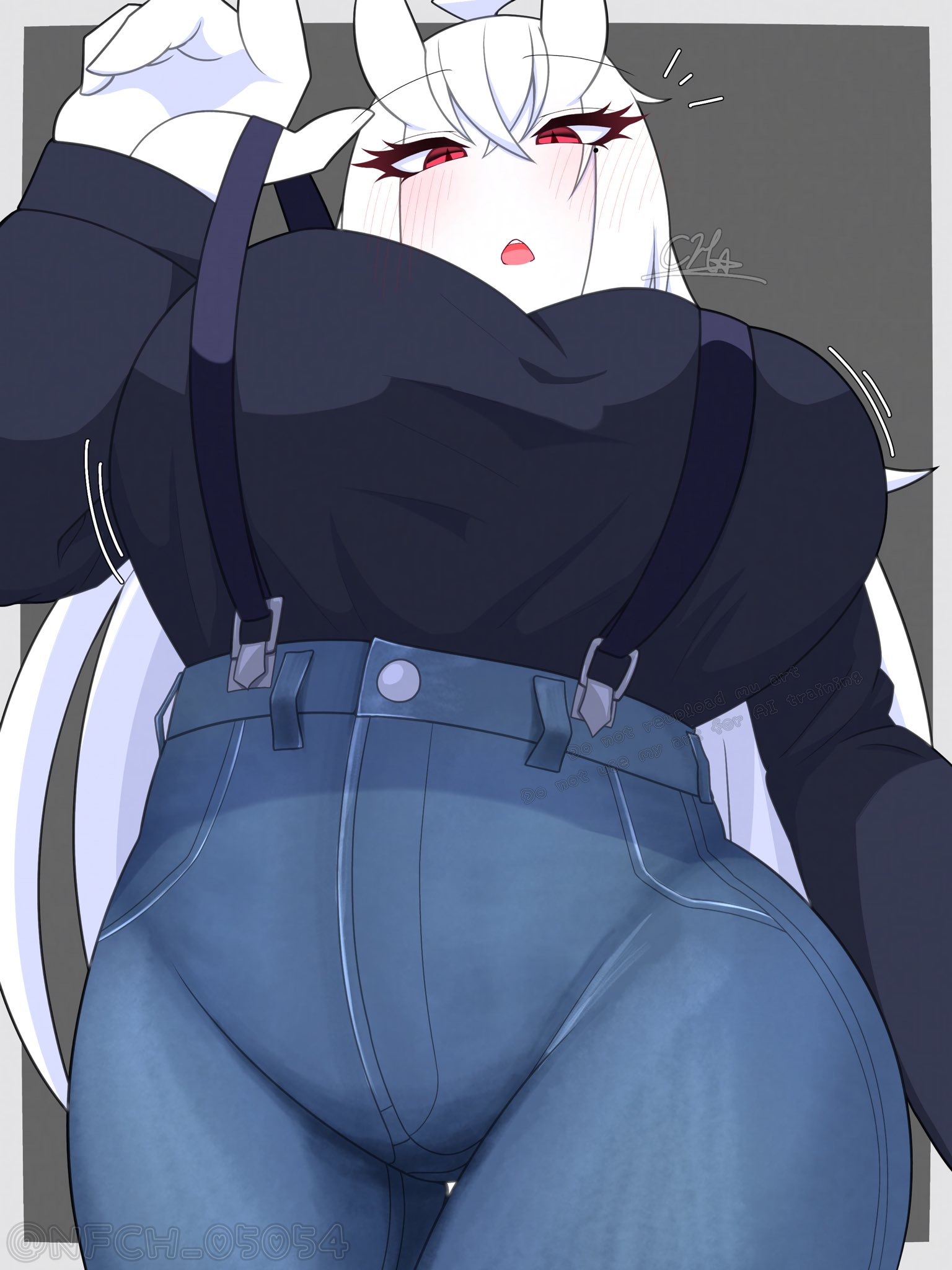 1girls, breasts, female, female only, haku (nfch 05054), nfch 05054, original, overalls, tagme, thighs