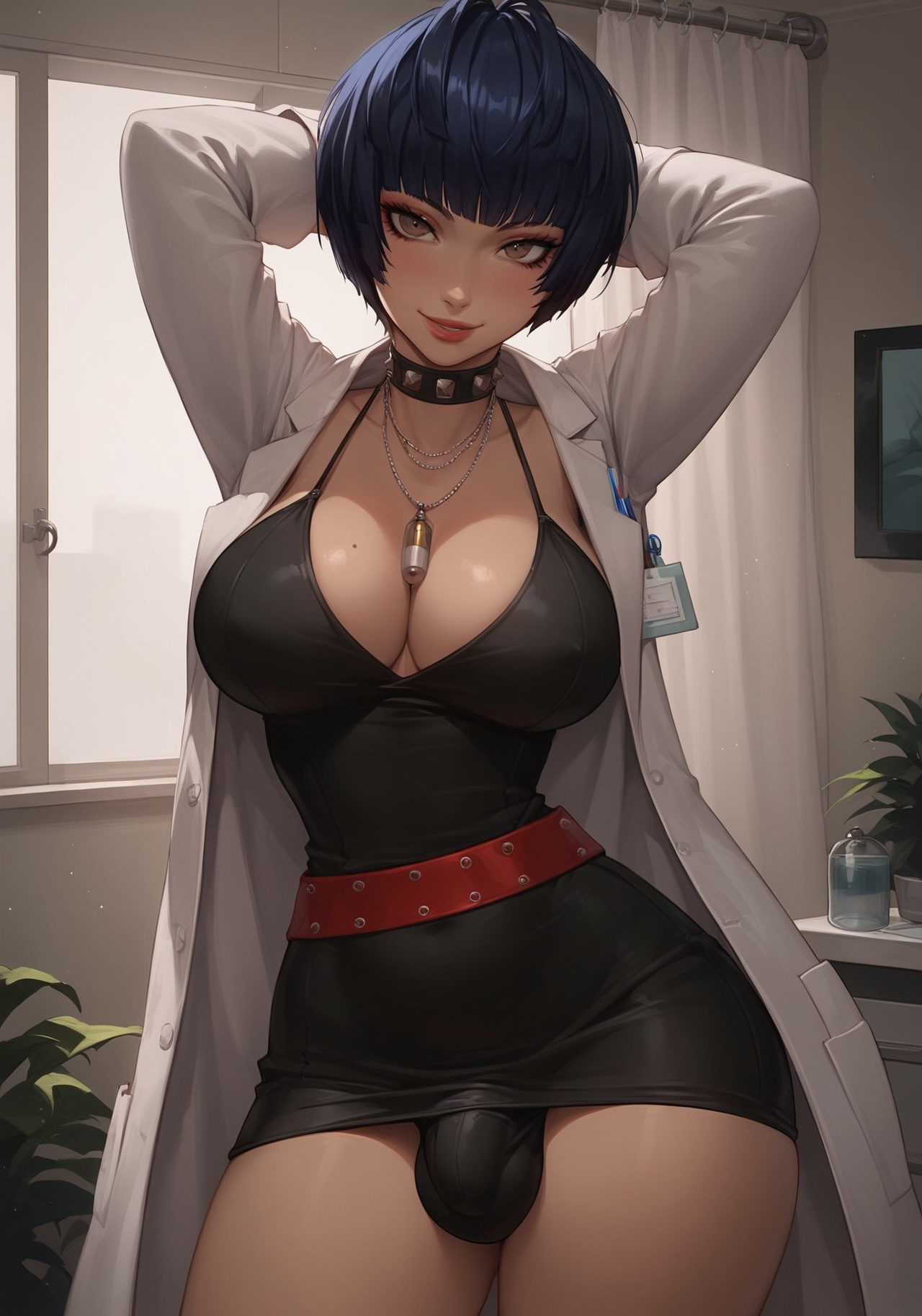 1futa, ai generated, armpits, ass, balls, bangs, bare breasts, belt, big ass, big belt, big breasts, big butt, big hips, big penis, black dress, blue hair, bob cut, breasts, brown eyes, bulge, bulge through clothing, cleavage, clinic, clothed, clothing, coat, collar, dark blue hair, dick, dickgirl, dress, eyebrows, eyelashes, female, futa only, futanari, goth, goth futa, goth girl, grin, grinning, grinning at viewer, hands behind head, hands-free, hospital, huge cock, indoors, intersex, labcoat, legs, lips, lipstick, long hair, looking at viewer, looking down, makeup, medium hair, narrow waist, narrowed eyes, navel, necklace, nose, penis, persona, persona 5, persona 5 royal, red belt, seducing, seductive, seductive eyes, seductive gaze, seductive look, seductive mouth, seductive pose, seductive smile, short dress, short hair, sitting, smile, smile at viewer, smiley face, smooth balls, smooth penis, smooth skin, solo, solo dickgirl, solo focus, solo futa, spiked collar, tae takemi, teeth, testicles, tiny dress, velonix