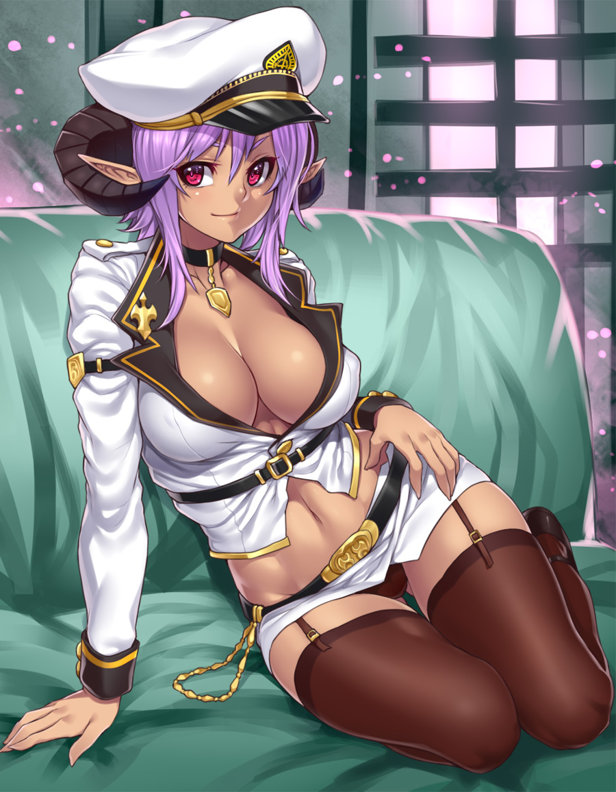 breasts, choker, cleavage, closed mouth, clothes, color, demon, demon girl, female, female only, footwear, front view, hair, hat, horns, houtengeki, indoors, looking at viewer, navel, open eyes, pink eyes, pointy ears, purple hair, shoes, sitting, solo, tan skin, thighhighs
