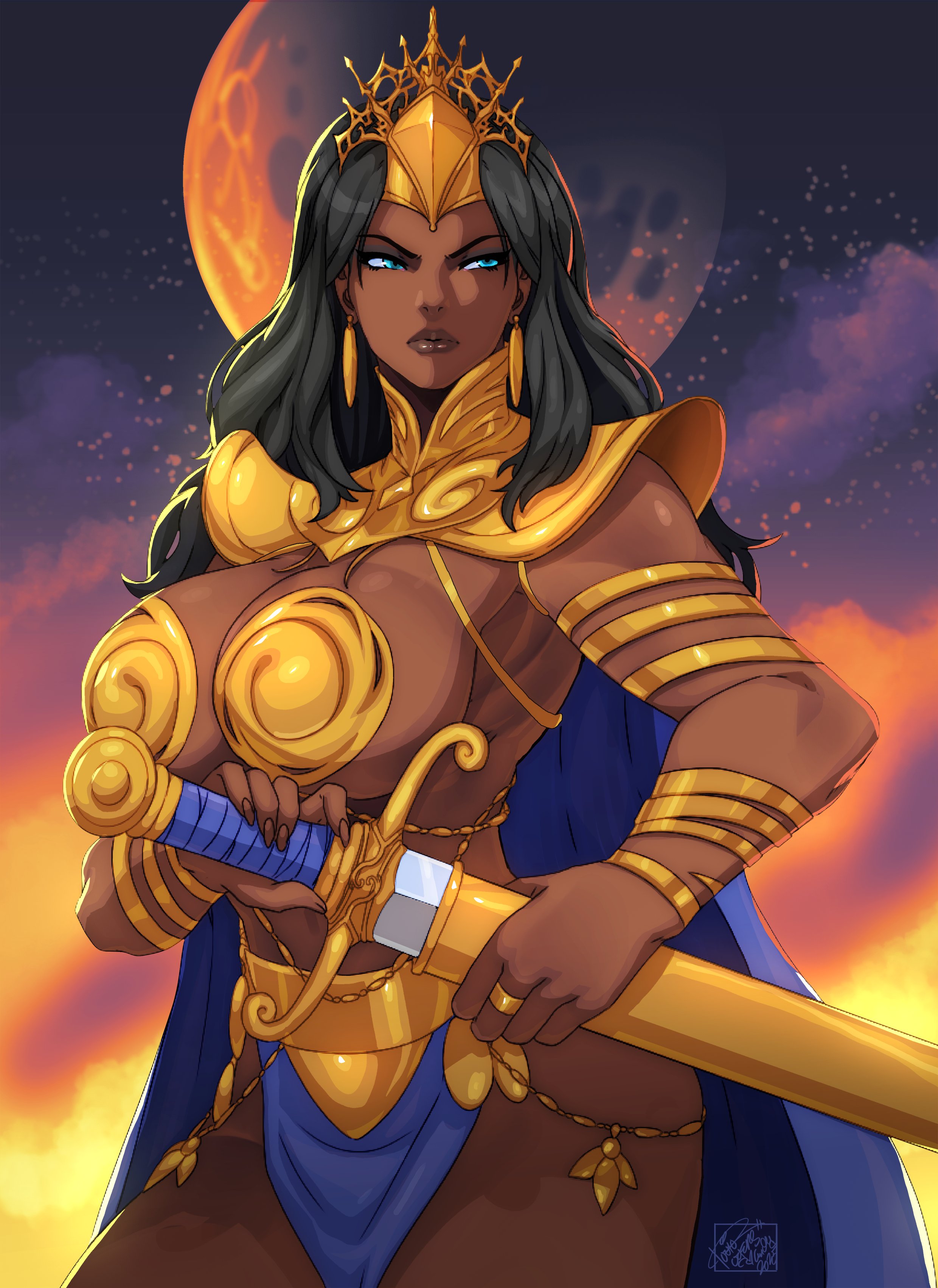 1girls, a princess of mars, armor, bikini armor, black hair, breasts, cape, commission, dark skin, dark-skinned female, dejah thoris, earrings, female, female only, john carter of mars, large breasts, long hair, skimpy armor, solo, sword, tovio rogers