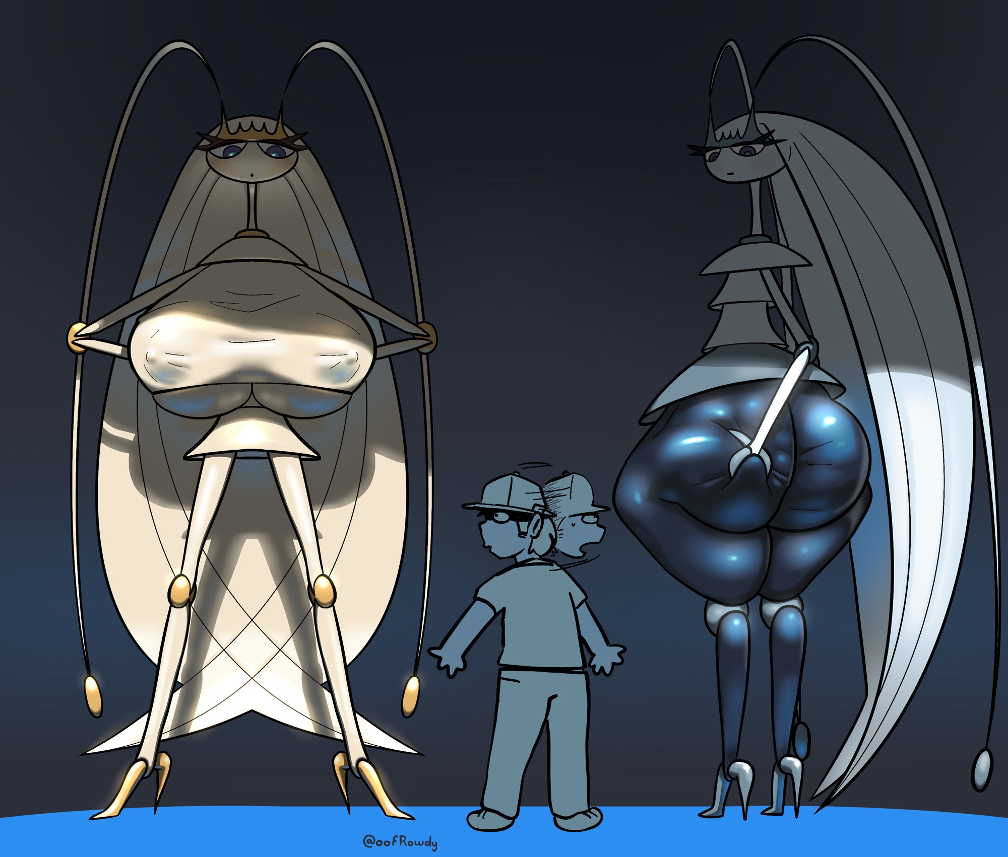 1boy, 2girls, alternate version available, antennae (anatomy), ass, big ass, big breasts, breasts, female, grabbing ass, grabbing own ass, high heels, long legs, looking down, male, oofrowdy, pheromosa, pokemon, pokemon (species), shiny pheromosa, shiny pokemon, spandex, sweatdrop, tagme, tight pants, twins, ultra beast, underboob, white hair