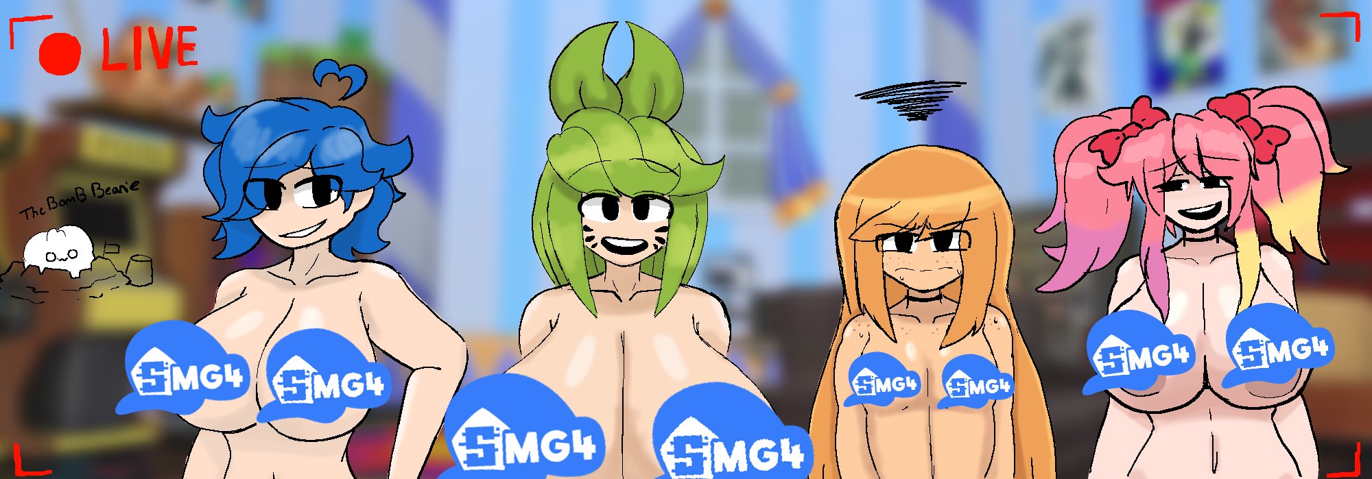 2d, 2d (artwork), 4girls, areola slip, areolae, background, breasts, censored, censored nipples, female, female only, huge breasts, human meggy, large breasts, lineup, livestream, looking at viewer, meggy spletzer, melony melone, novelty censor, nude, saiko bichitaru (smg4), small breasts, smg4, smg4 art, standing, tari (smg4), thebombbeanie