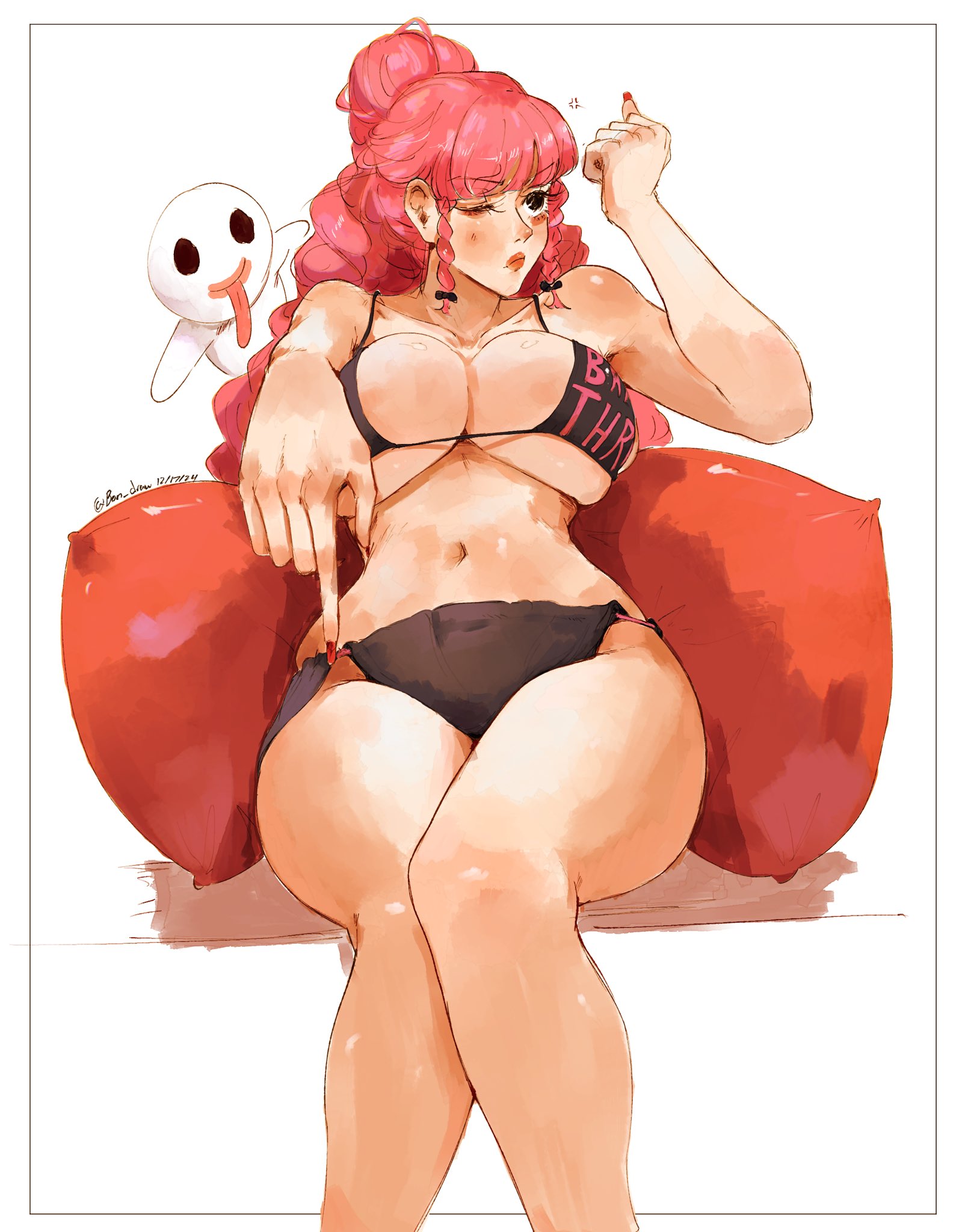 1girls, bikini, black bikini, bon drawr, breasts, clothing, female, female only, large breasts, legs, navel, one eye closed, one piece, perona, pink hair, pink-haired female, pointing down